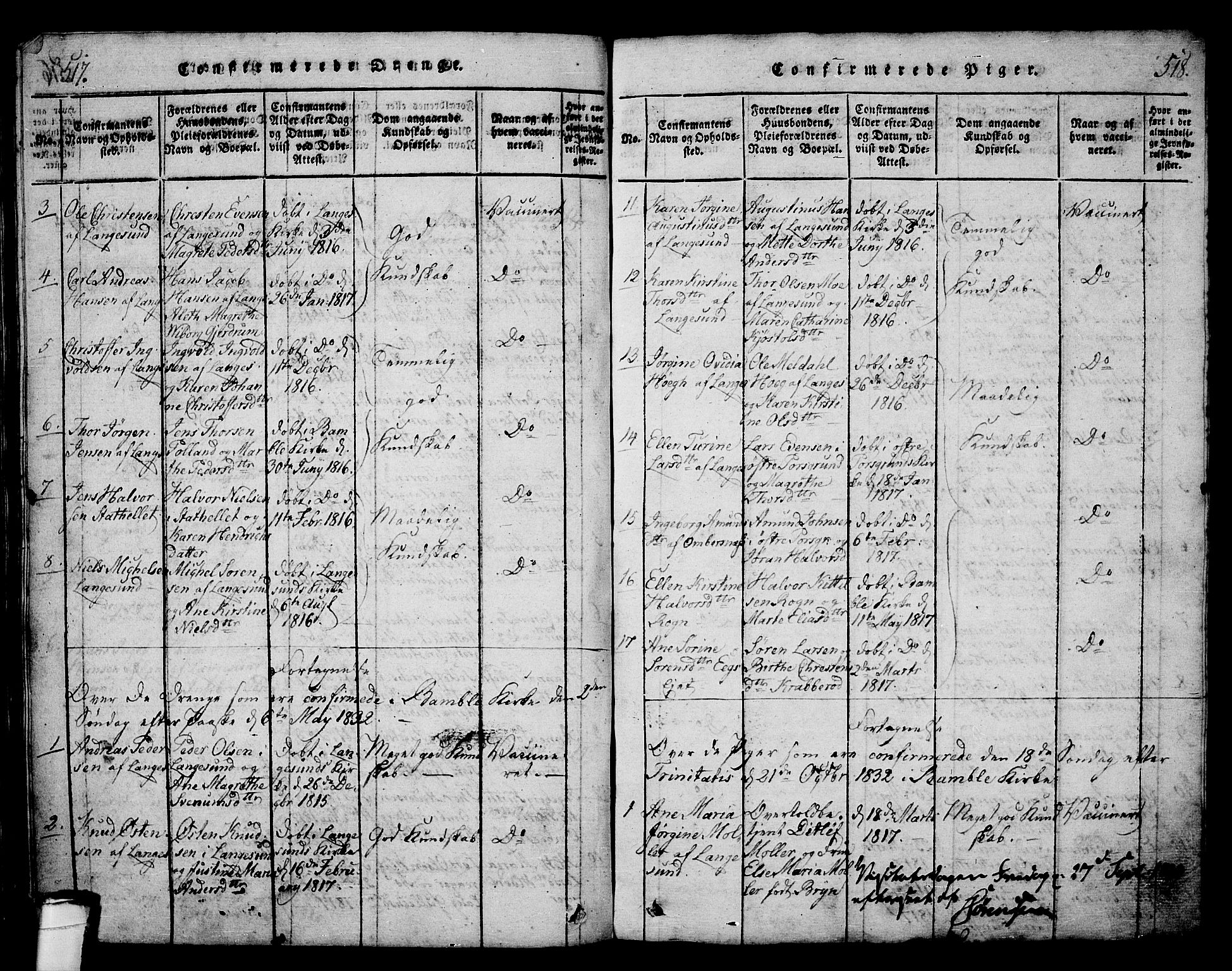 Langesund kirkebøker, AV/SAKO-A-280/G/Ga/L0003: Parish register (copy) no. 3, 1815-1858, p. 517-518