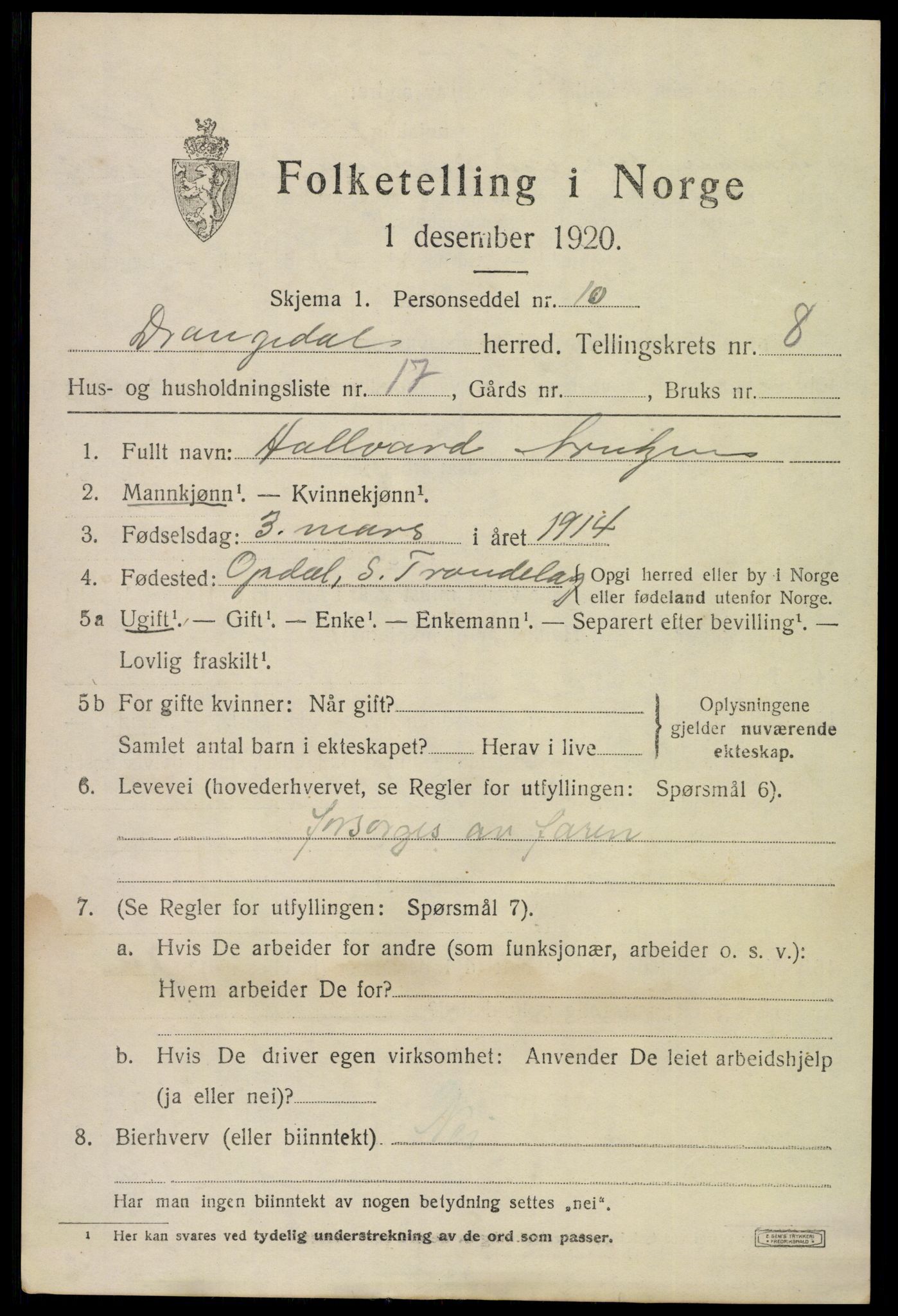 SAKO, 1920 census for Drangedal, 1920, p. 5139