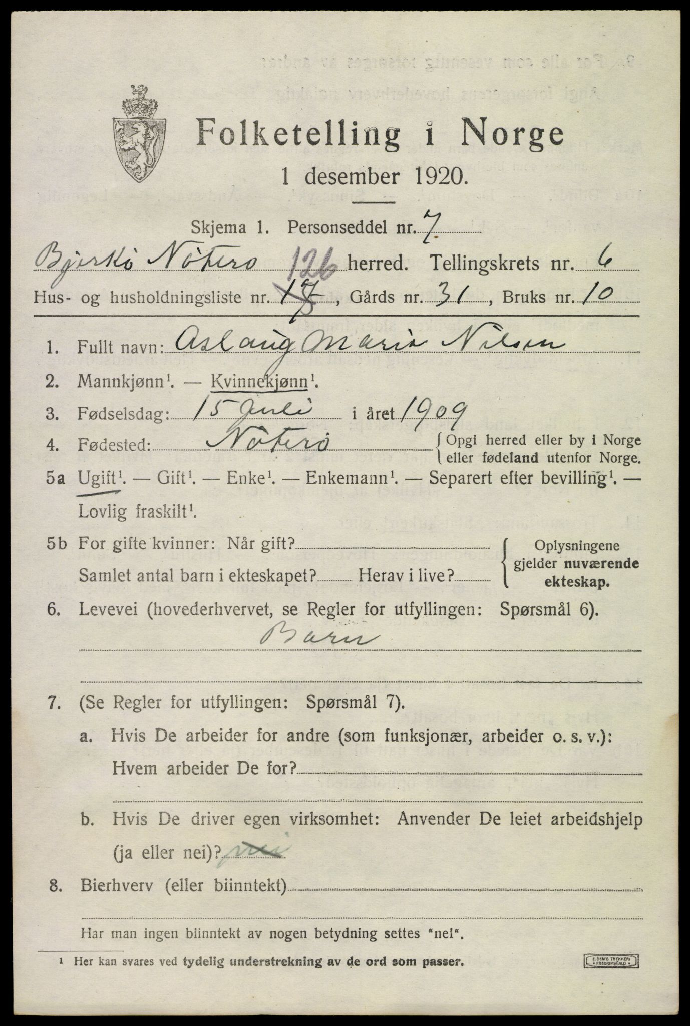 SAKO, 1920 census for Nøtterøy, 1920, p. 9459
