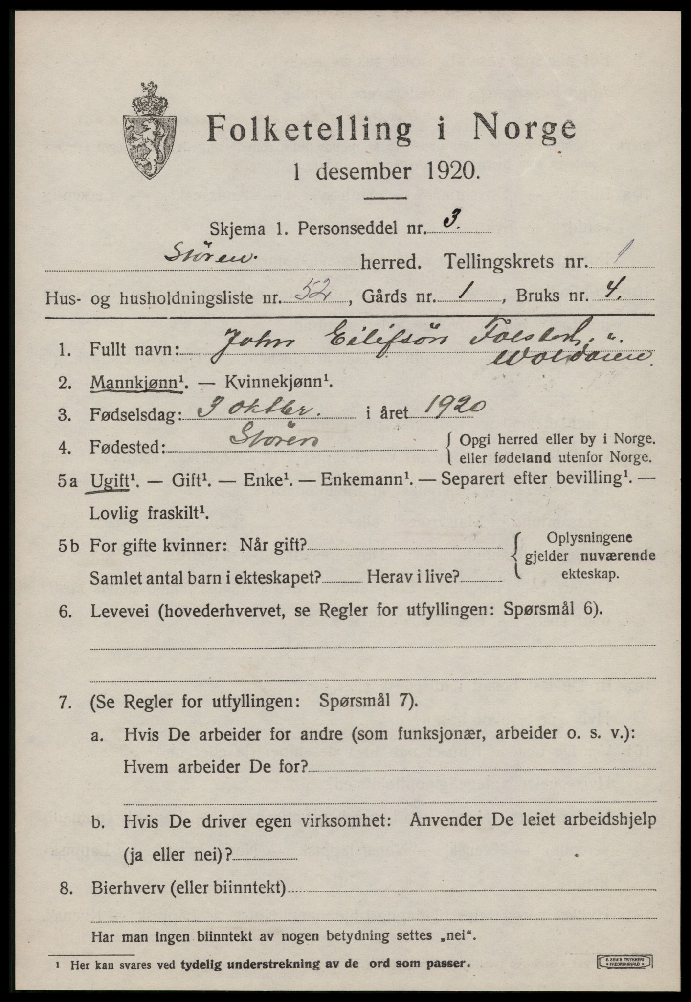 SAT, 1920 census for Støren, 1920, p. 1394