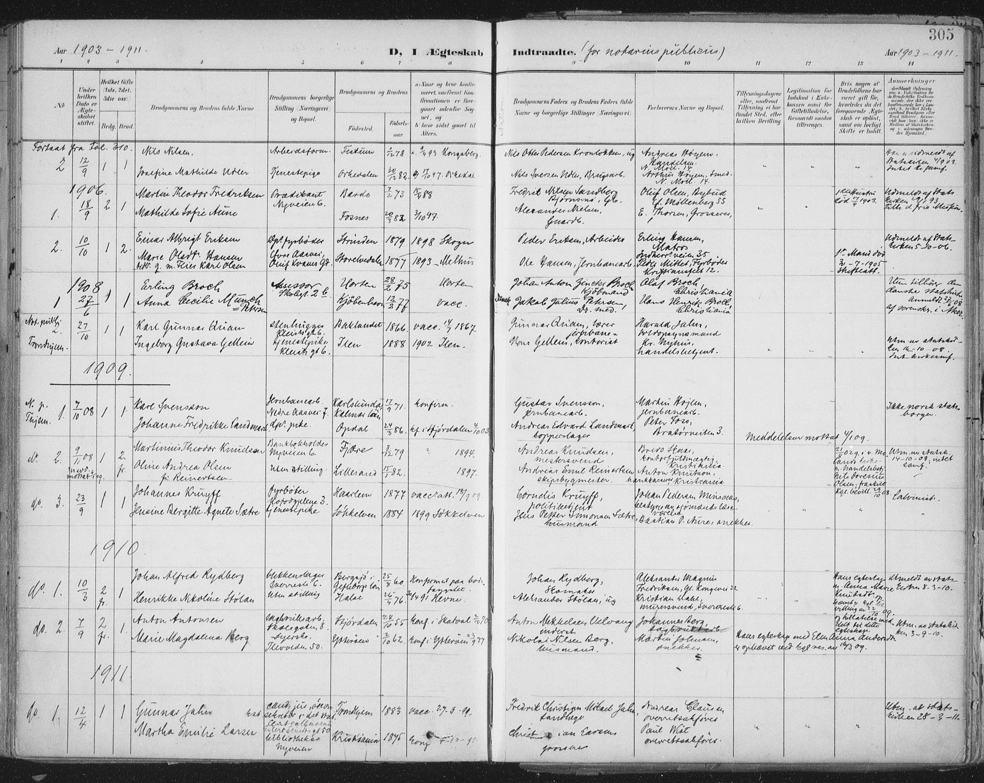 Ministerialprotokoller, klokkerbøker og fødselsregistre - Sør-Trøndelag, SAT/A-1456/603/L0167: Parish register (official) no. 603A06, 1896-1932, p. 305