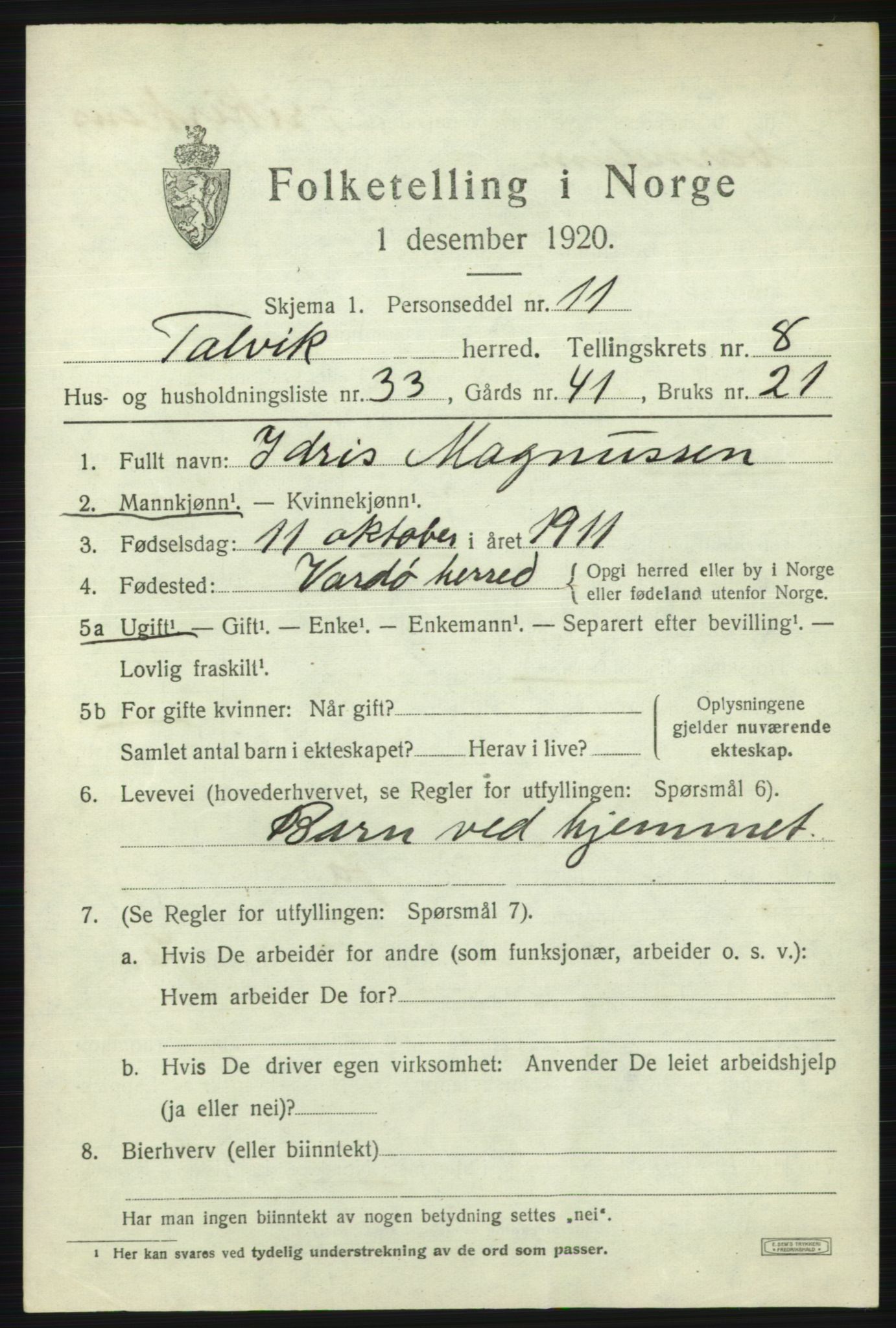 SATØ, 1920 census for Talvik, 1920, p. 5354