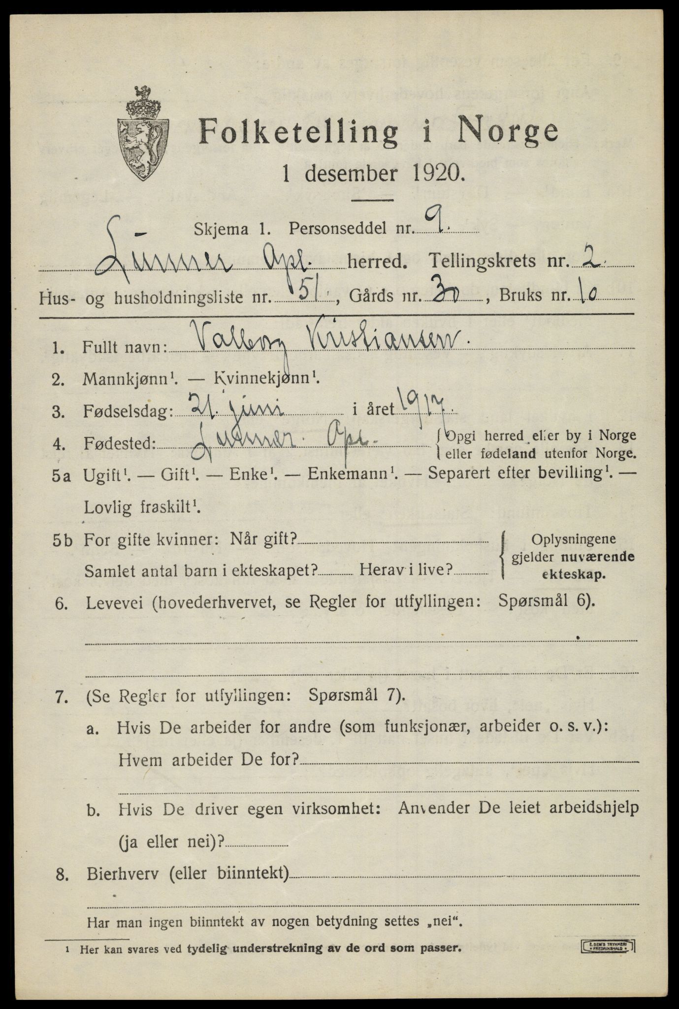 SAH, 1920 census for Lunner, 1920, p. 3559