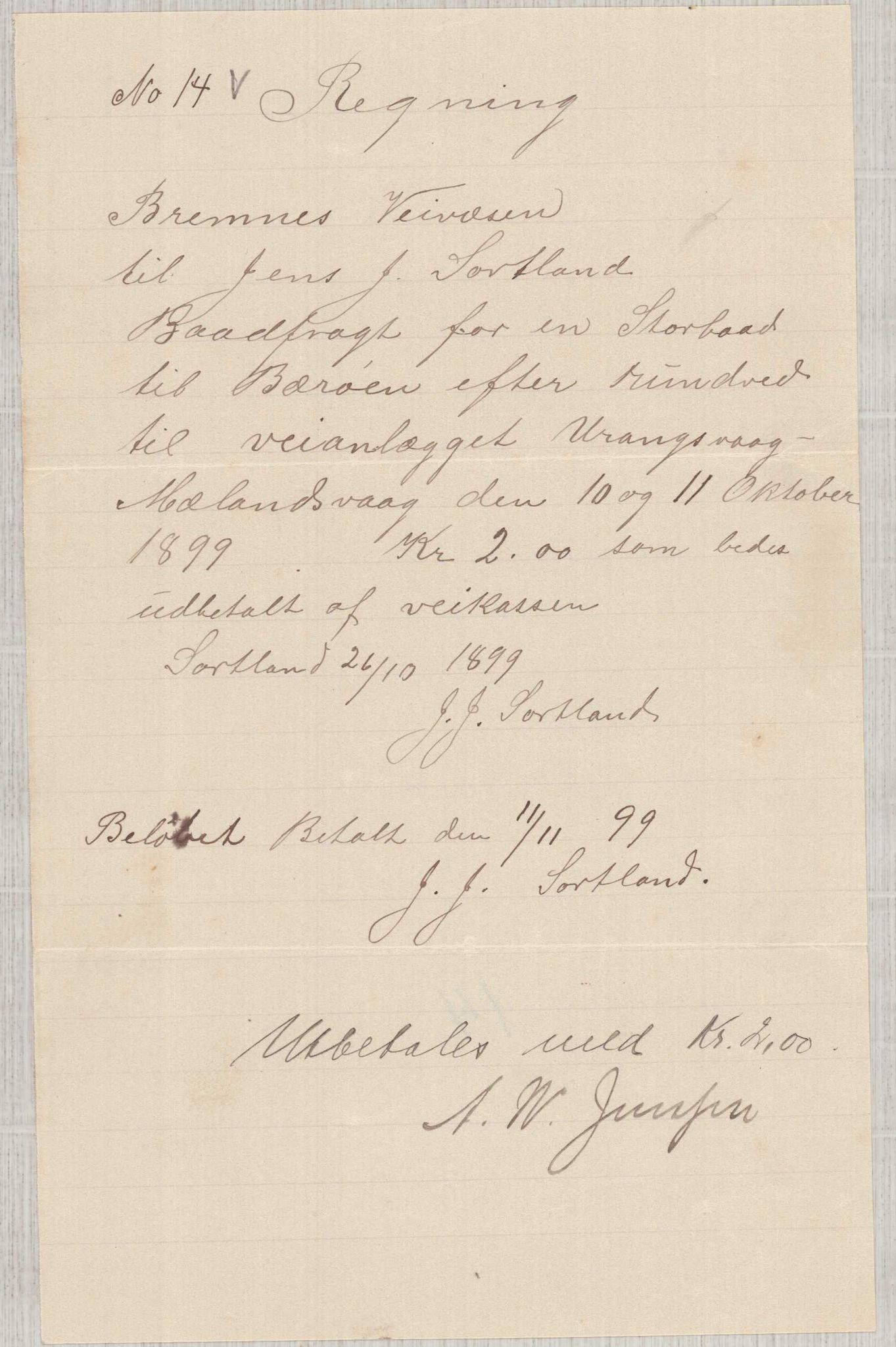 Finnaas kommune. Formannskapet, IKAH/1218a-021/E/Ea/L0002/0001: Rekneskap for veganlegg / Rekneskap for veganlegget Urangsvåg - Mælandsvåg, 1898-1900, p. 111