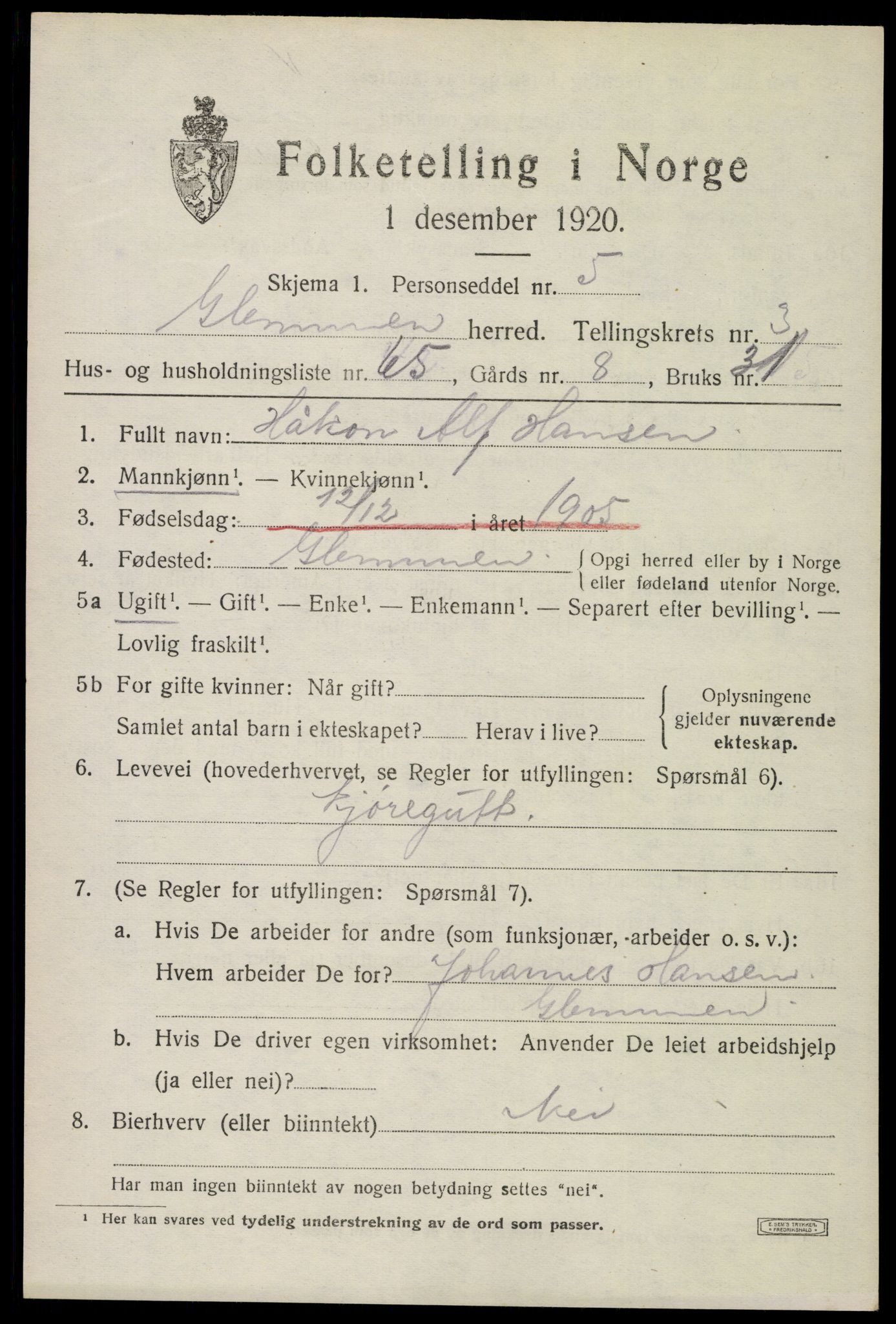 SAO, 1920 census for Glemmen, 1920, p. 7313