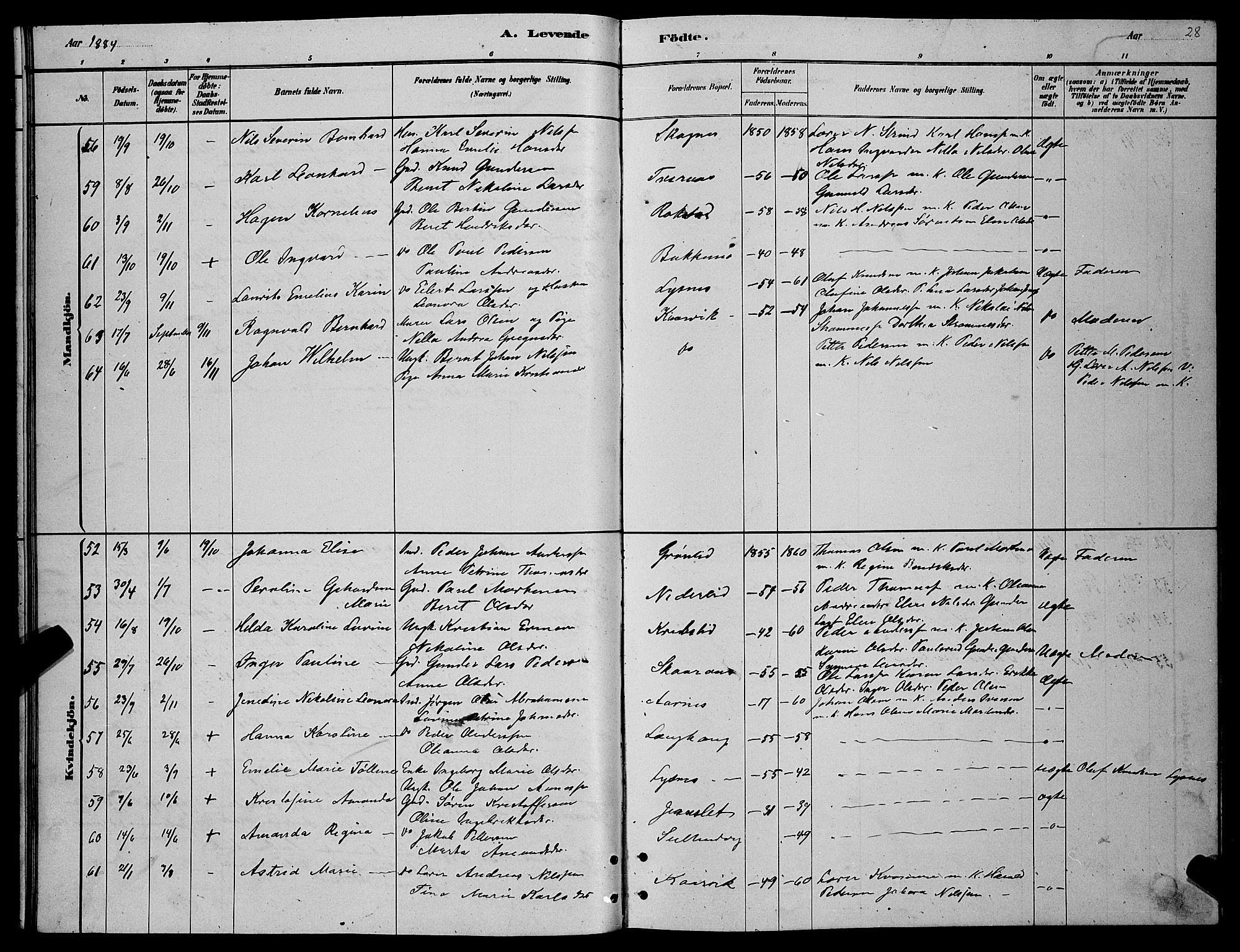 Lenvik sokneprestembete, AV/SATØ-S-1310/H/Ha/Hab/L0006klokker: Parish register (copy) no. 6, 1881-1889, p. 28