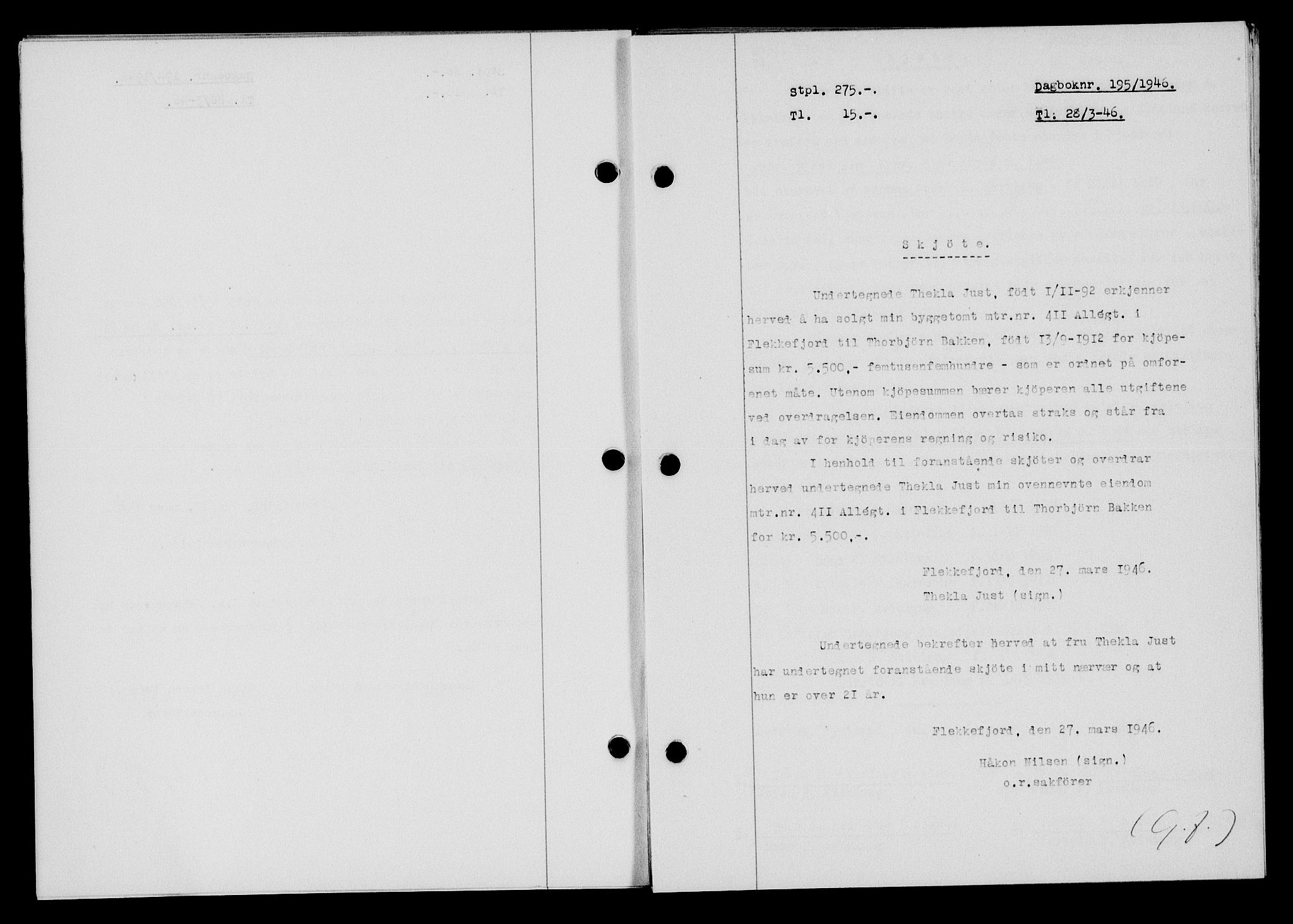 Flekkefjord sorenskriveri, AV/SAK-1221-0001/G/Gb/Gba/L0060: Mortgage book no. A-8, 1945-1946, Diary no: : 195/1946