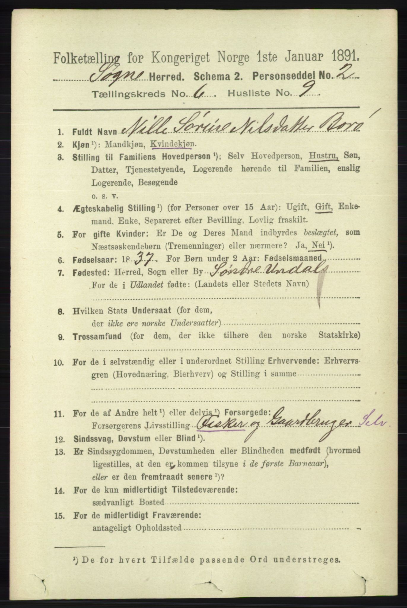 RA, 1891 census for 1018 Søgne, 1891, p. 1419