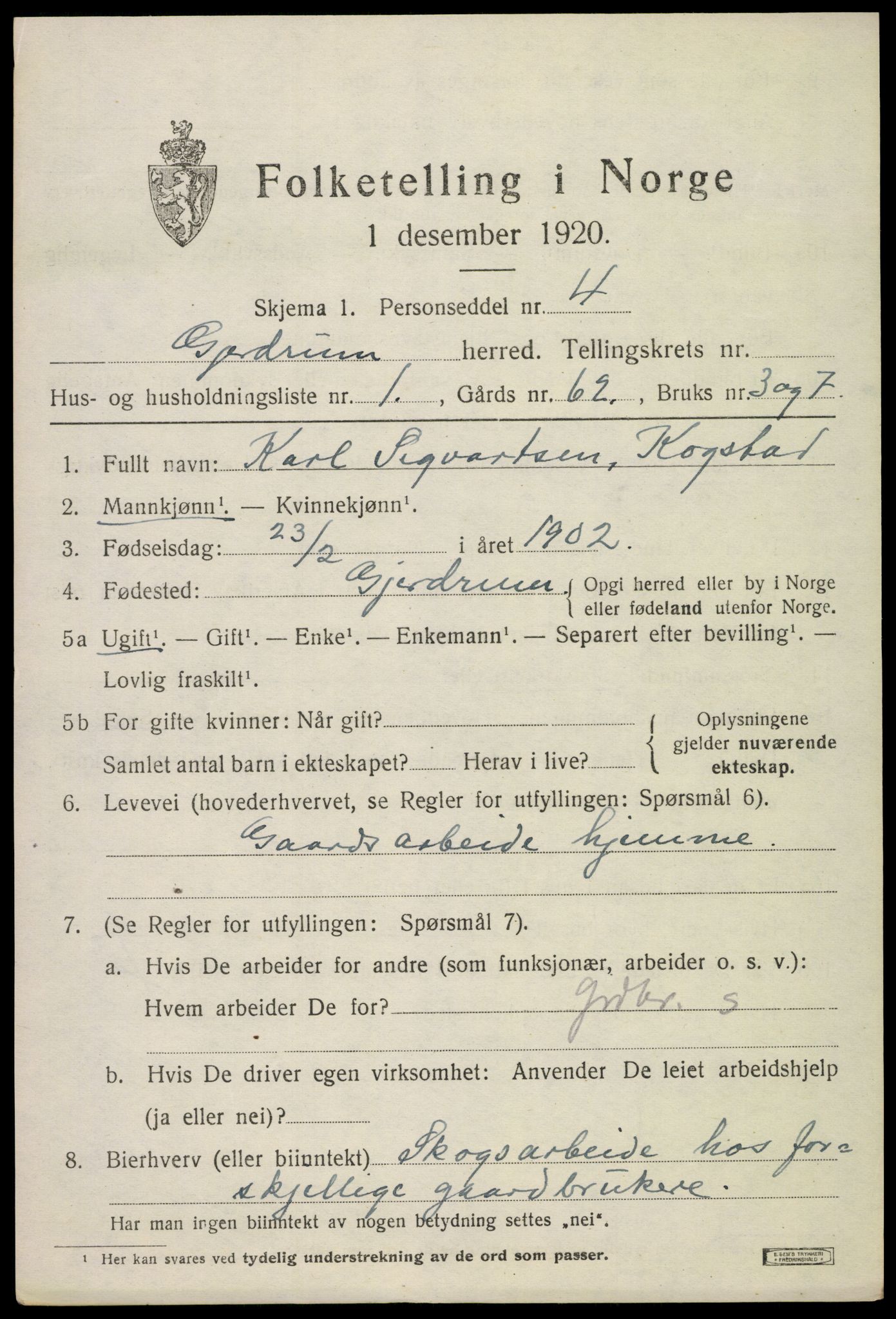 SAO, 1920 census for Gjerdrum, 1920, p. 2382