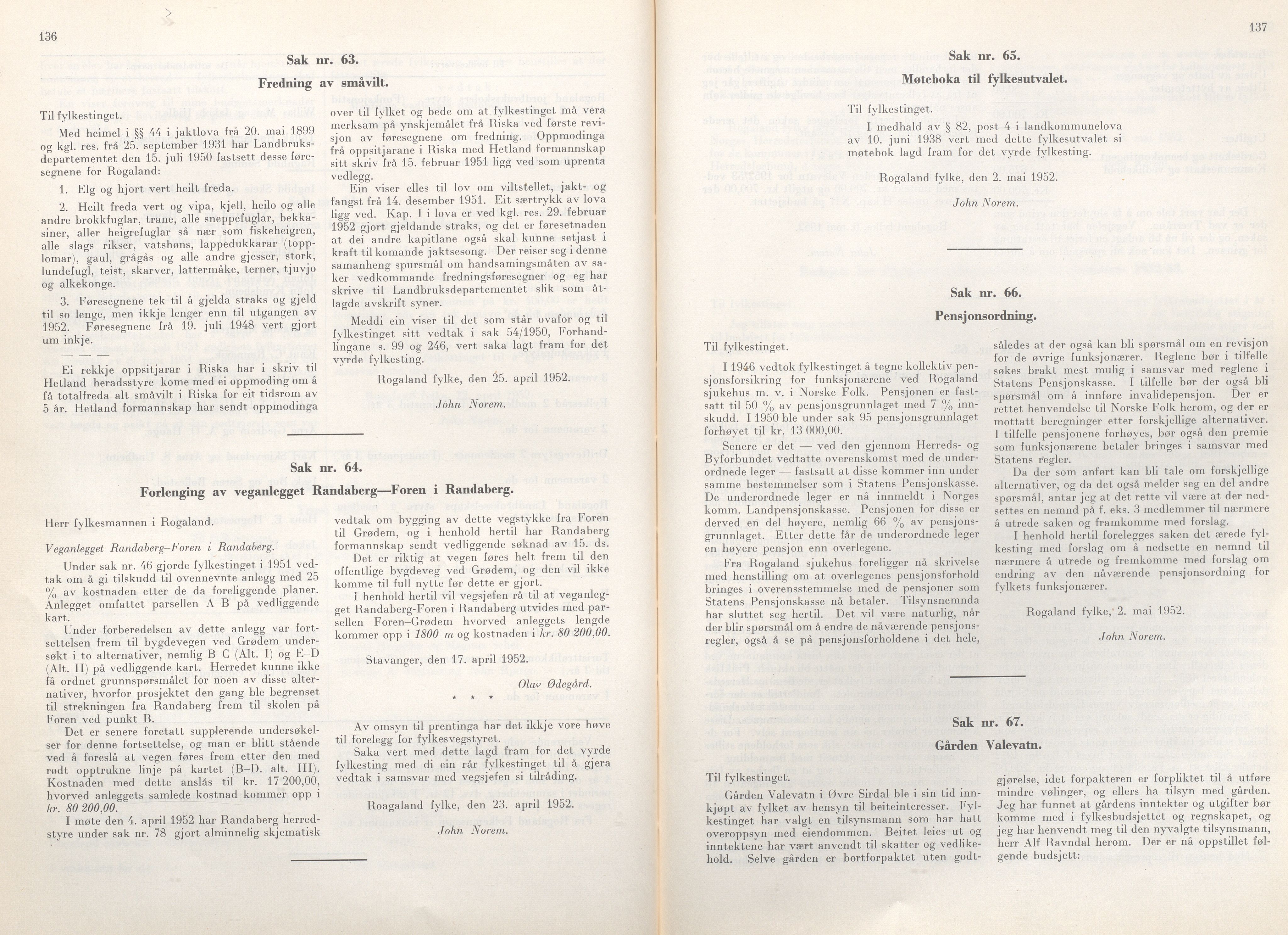 Rogaland fylkeskommune - Fylkesrådmannen , IKAR/A-900/A/Aa/Aaa/L0071: Møtebok , 1952, p. 136-137