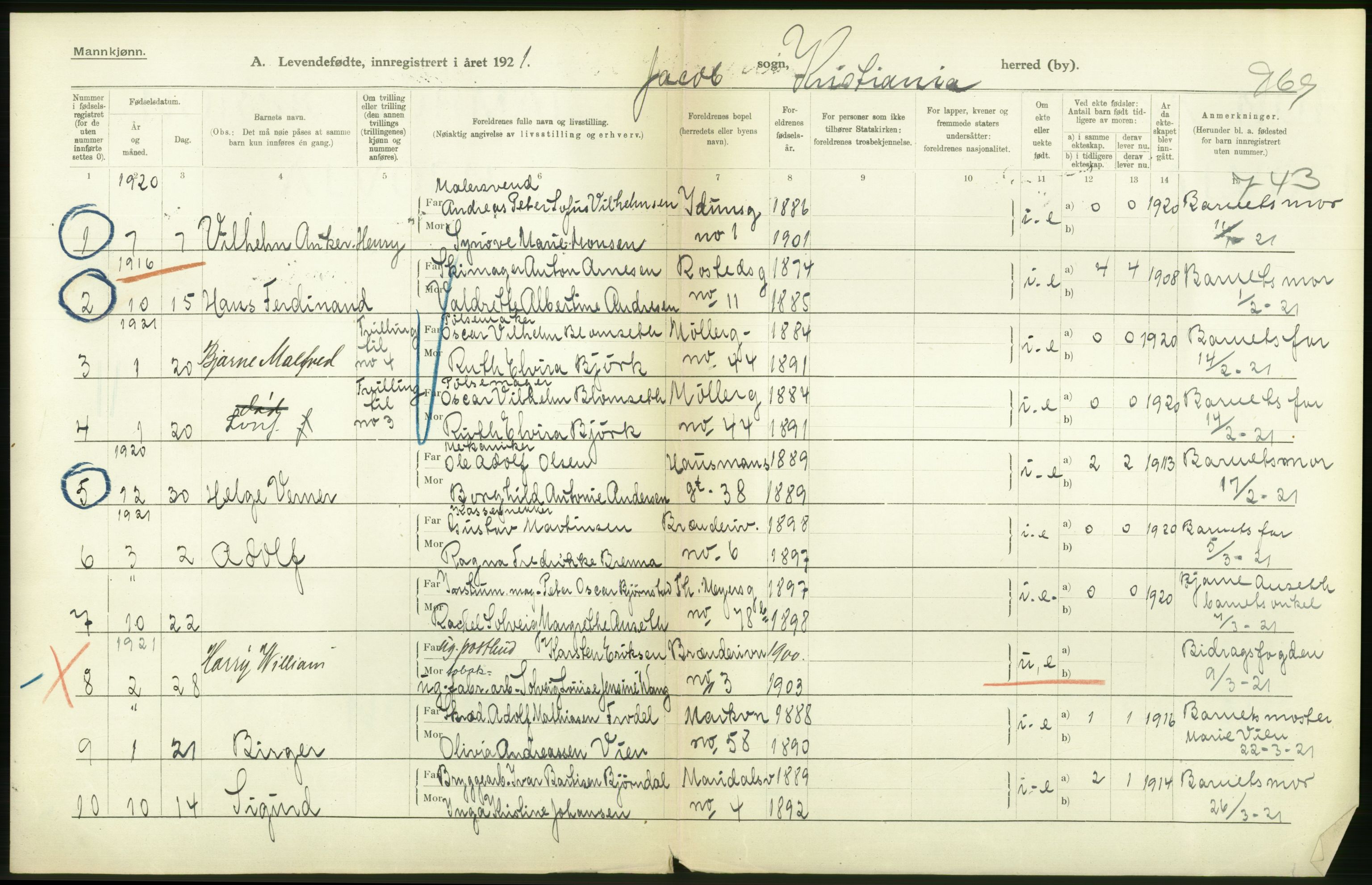 Statistisk sentralbyrå, Sosiodemografiske emner, Befolkning, RA/S-2228/D/Df/Dfc/Dfca/L0010: Kristiania: Levendefødte menn og kvinner., 1921, p. 412