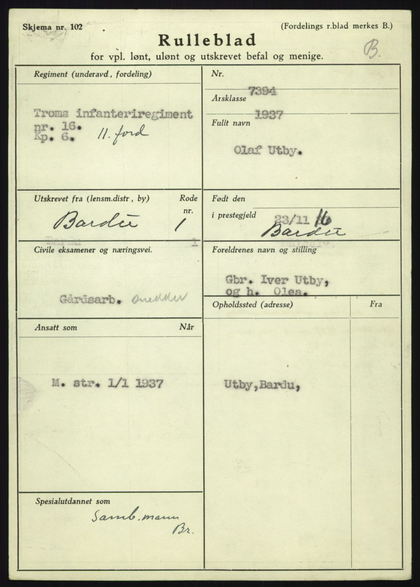 Forsvaret, Troms infanteriregiment nr. 16, AV/RA-RAFA-3146/P/Pa/L0021: Rulleblad for regimentets menige mannskaper, årsklasse 1937, 1937, p. 1197