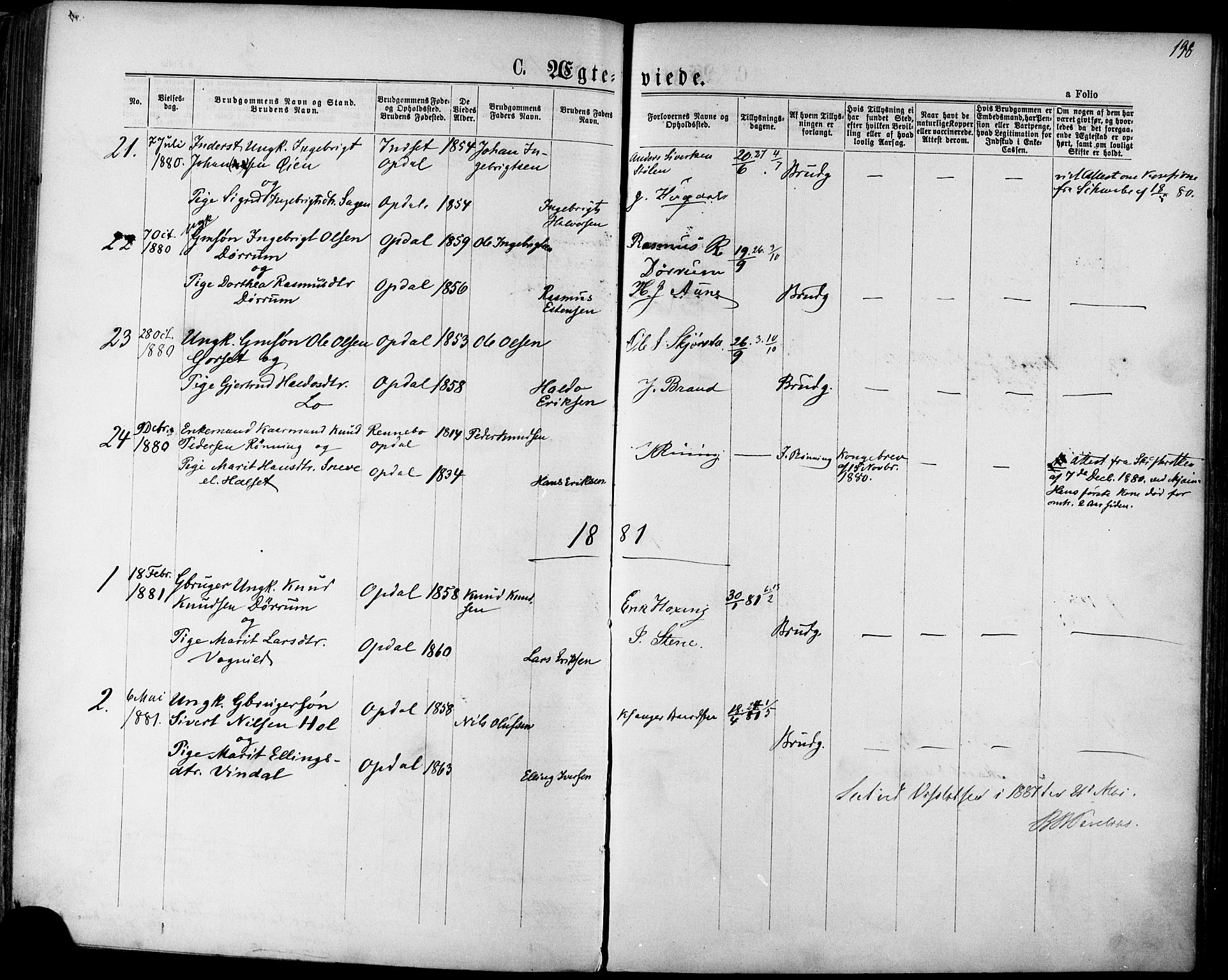 Ministerialprotokoller, klokkerbøker og fødselsregistre - Sør-Trøndelag, SAT/A-1456/678/L0900: Parish register (official) no. 678A09, 1872-1881, p. 198