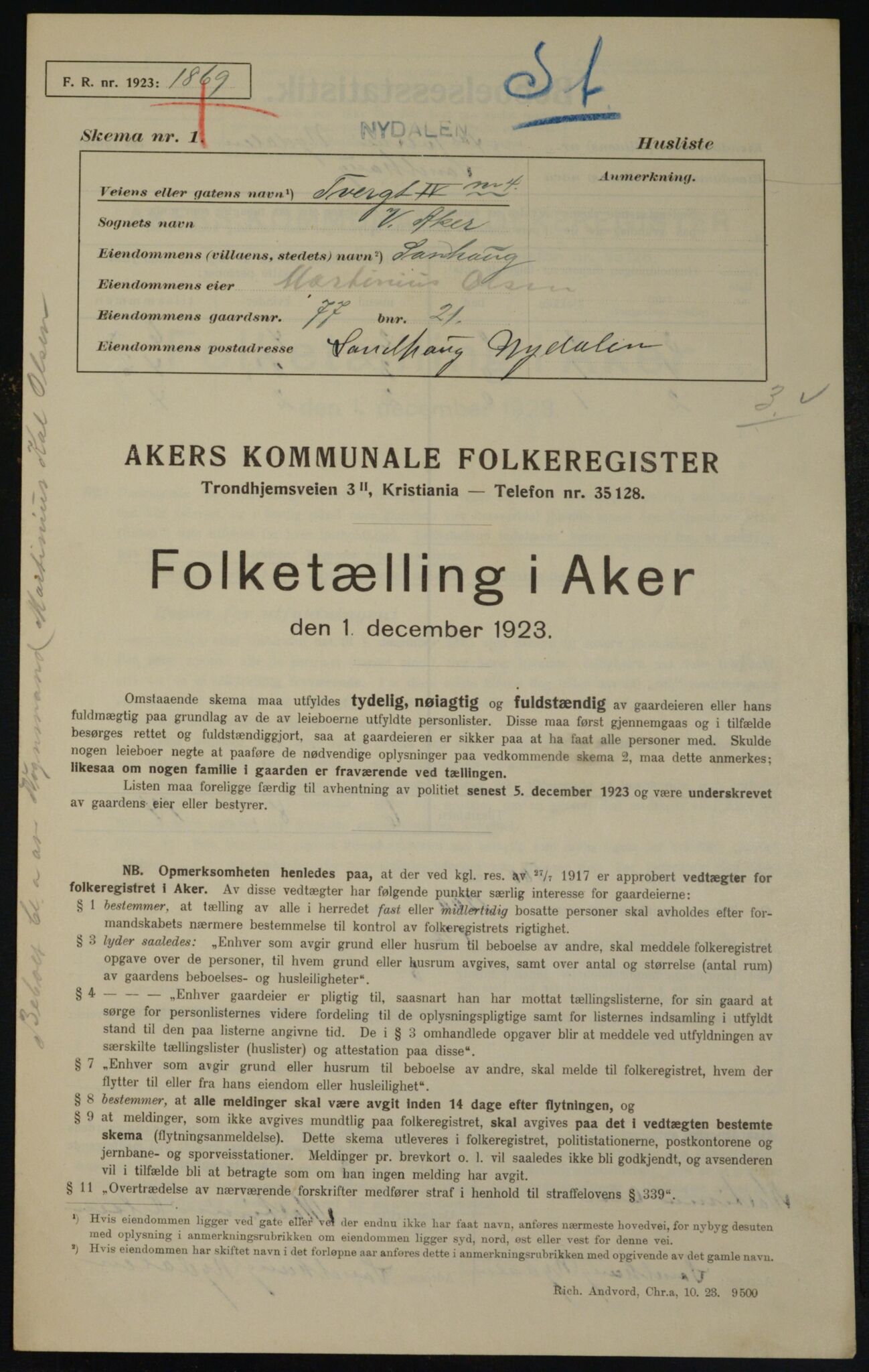 , Municipal Census 1923 for Aker, 1923, p. 20136