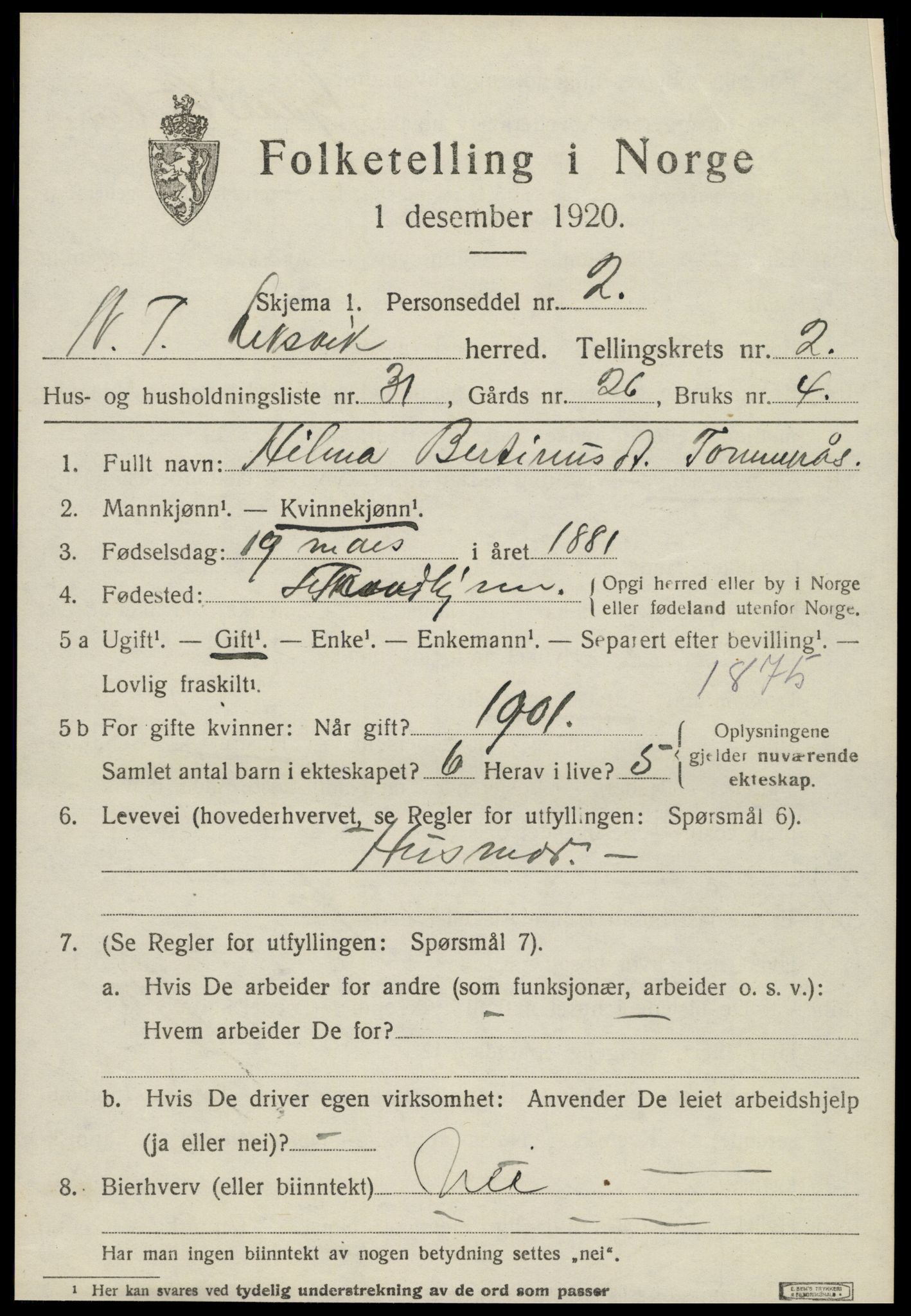 SAT, 1920 census for Leksvik, 1920, p. 2118