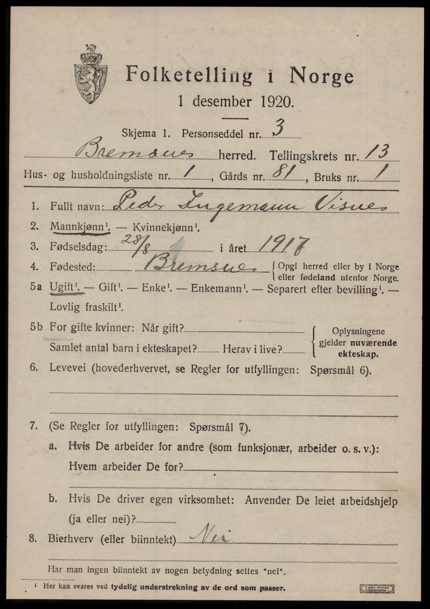 SAT, 1920 census for Bremsnes, 1920, p. 10071