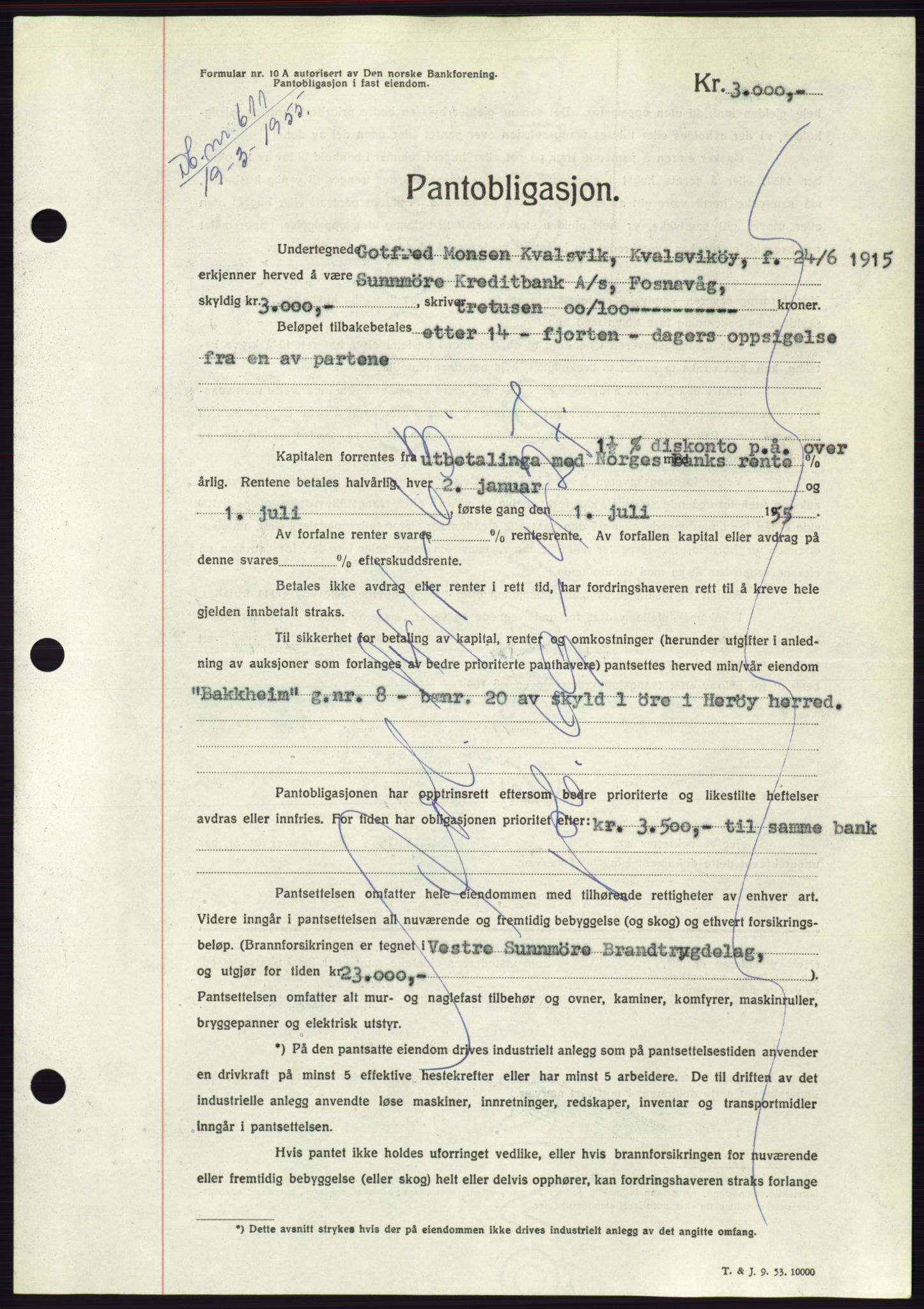Søre Sunnmøre sorenskriveri, AV/SAT-A-4122/1/2/2C/L0126: Mortgage book no. 14B, 1954-1955, Diary no: : 611/1955