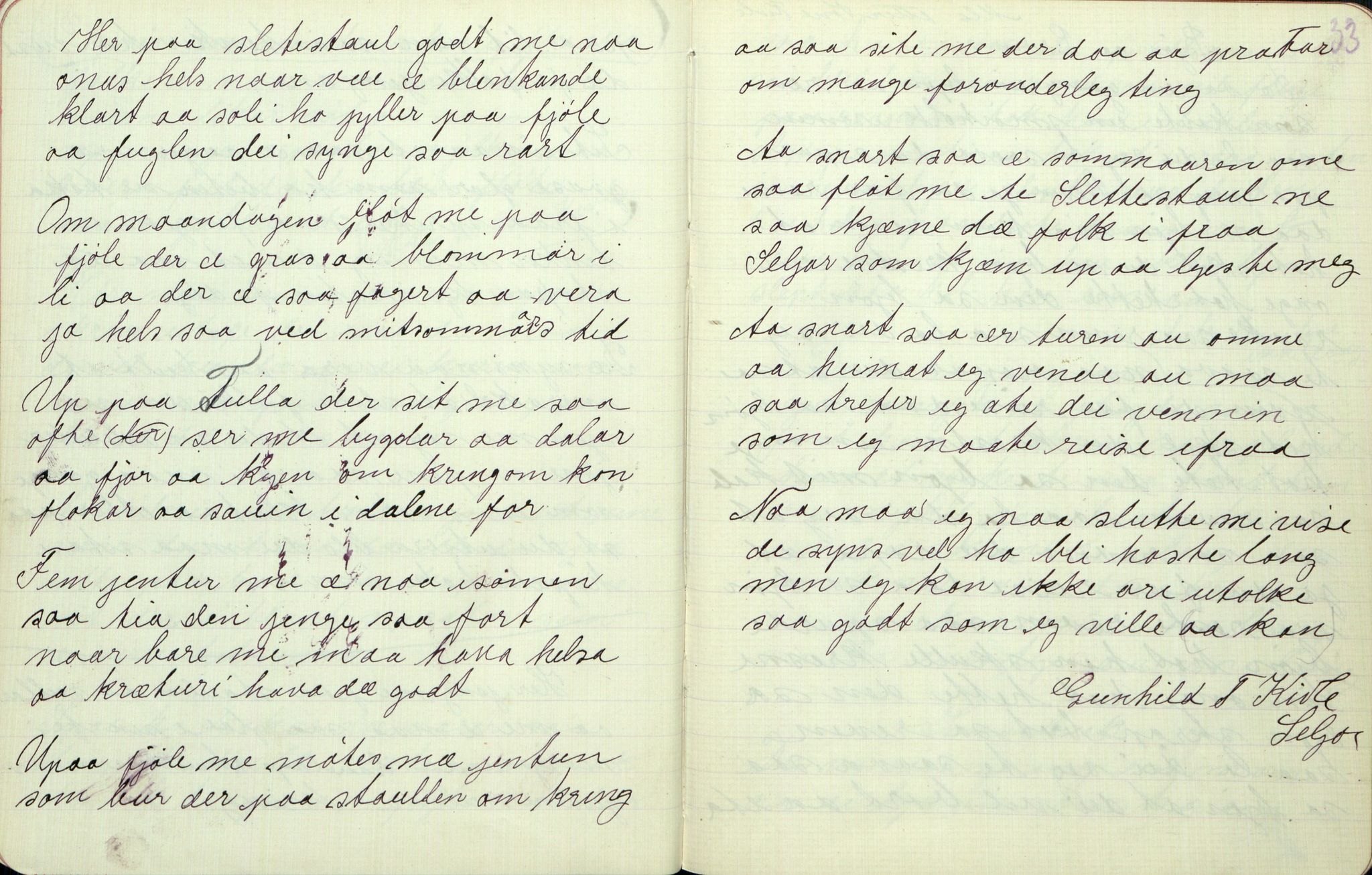 Rikard Berge, TEMU/TGM-A-1003/F/L0006/0009: 201-250 / 208 Oppskrifter av Gunhild Kivle, Seljord. Gurisilla ho sat uti veven saa fin..., 1910, p. 32-33