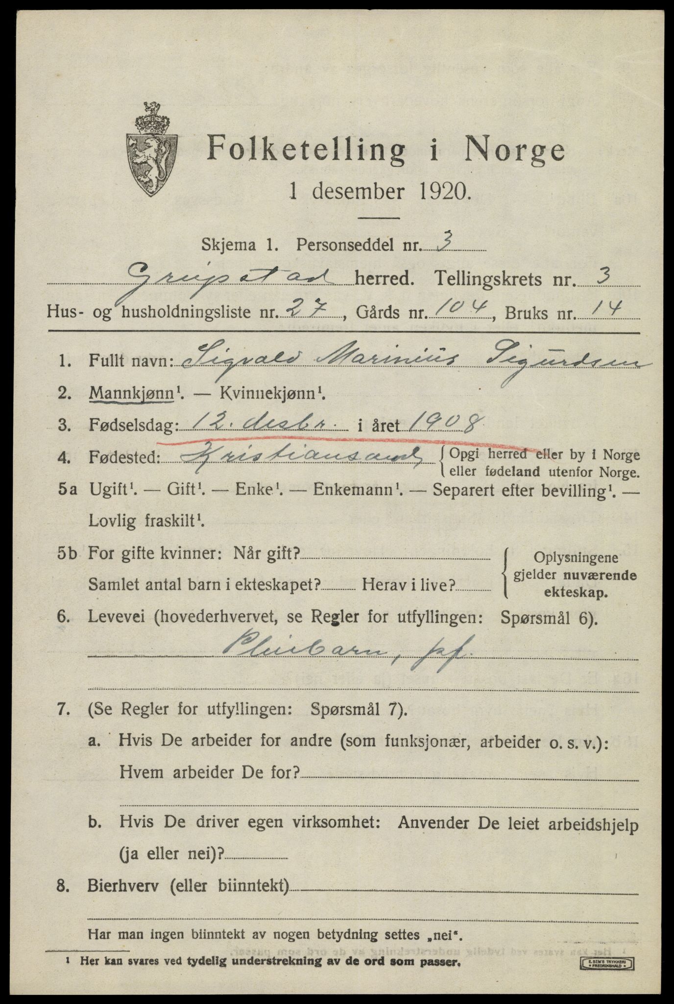 SAK, 1920 census for Greipstad, 1920, p. 1492