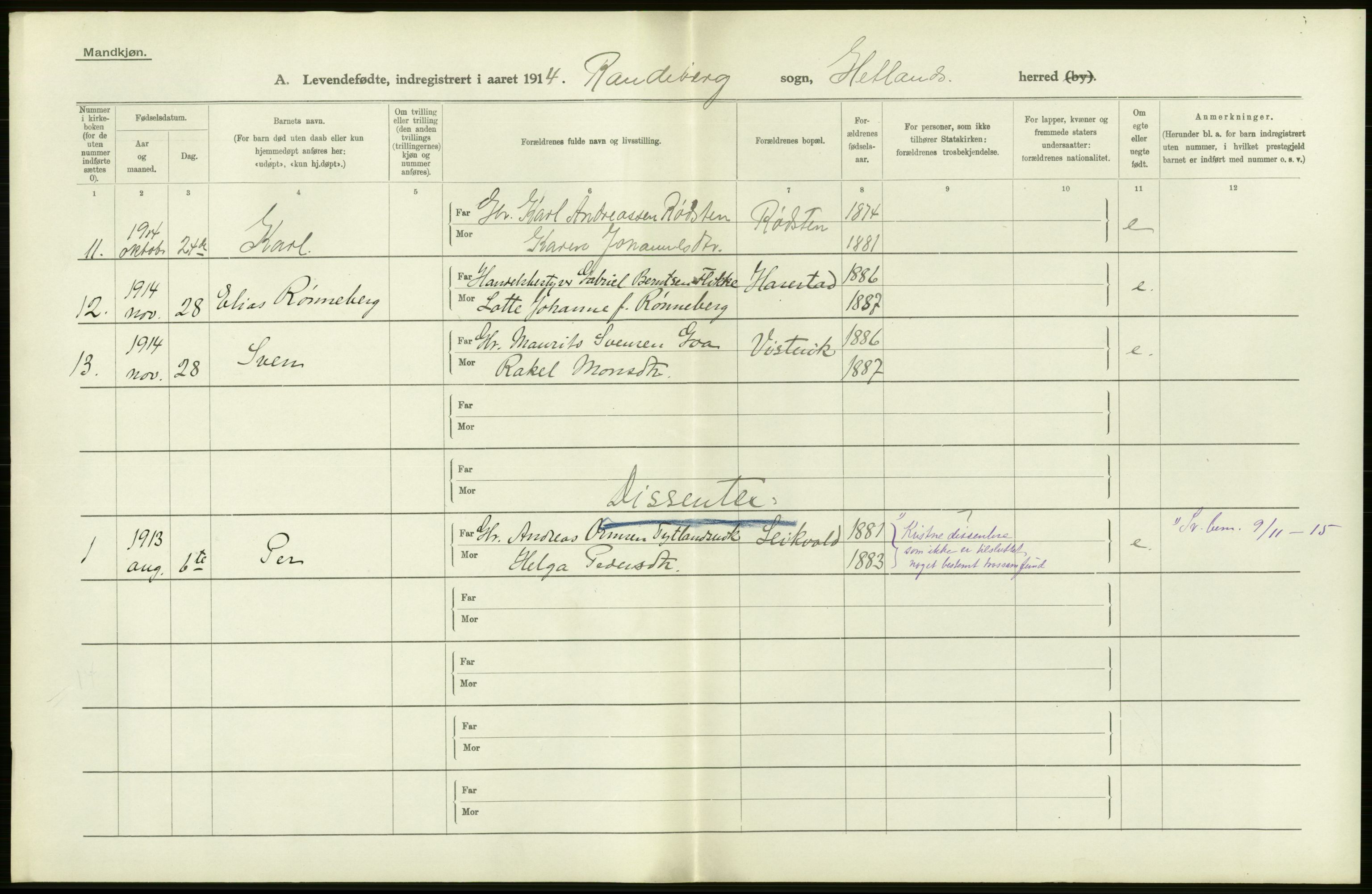 Statistisk sentralbyrå, Sosiodemografiske emner, Befolkning, AV/RA-S-2228/D/Df/Dfb/Dfbd/L0024: Stavanger amt: Levendefødte menn og kvinner. Bygder., 1914, p. 46