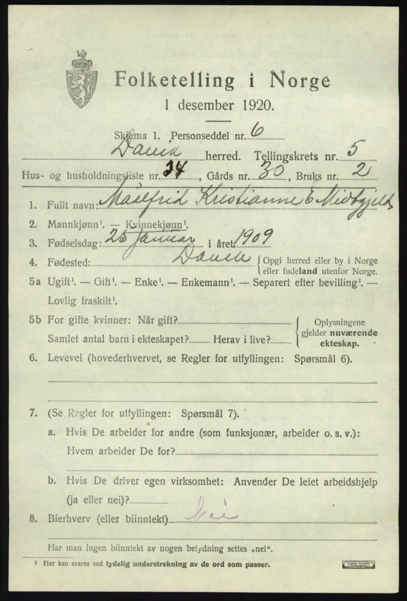 SAB, 1920 census for Davik, 1920, p. 3327