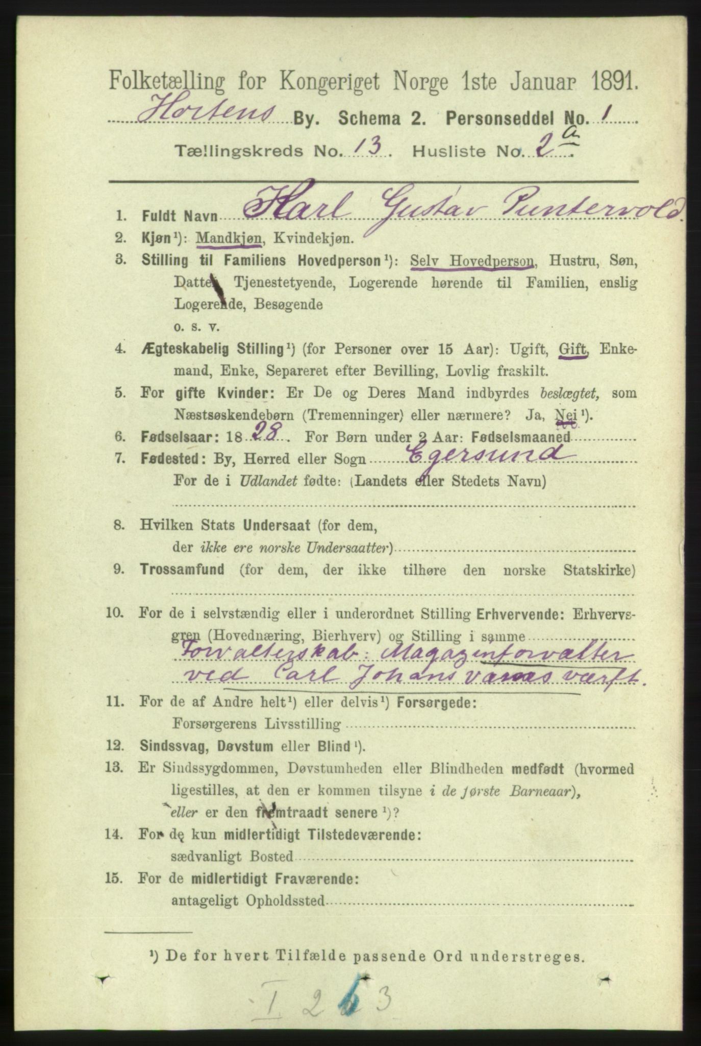 RA, 1891 census for 0703 Horten, 1891, p. 7896