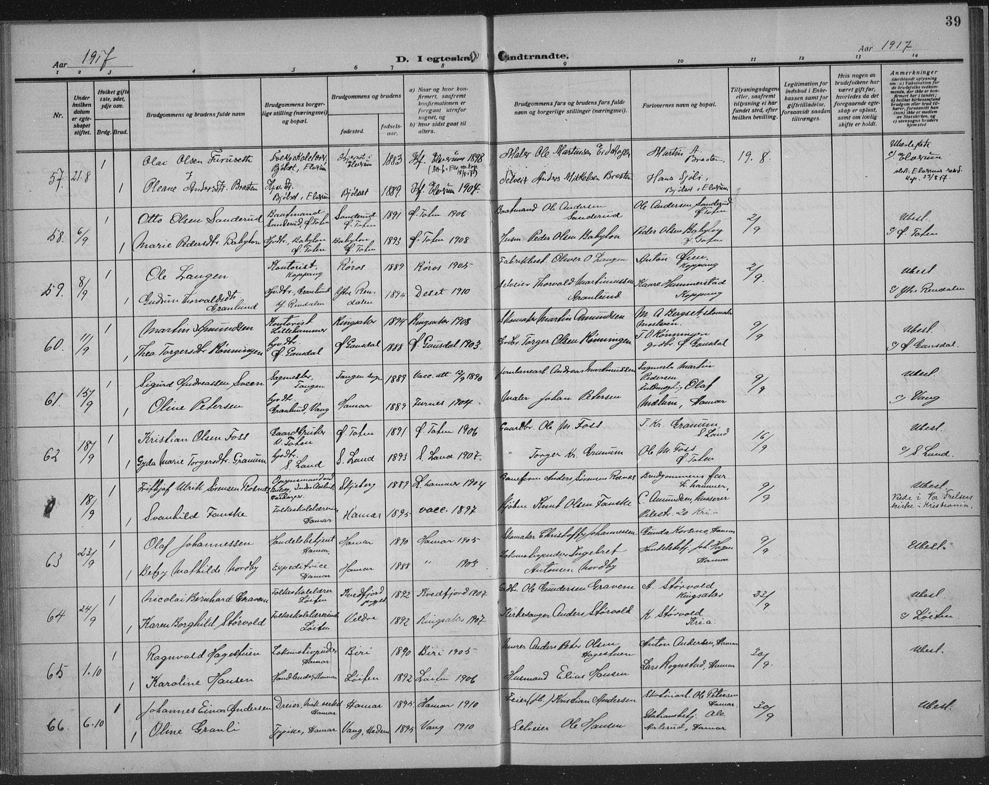 Hamar prestekontor, SAH/DOMPH-002/H/Ha/Haa/L0003: Parish register (official) no. 3, 1913-1930, p. 39
