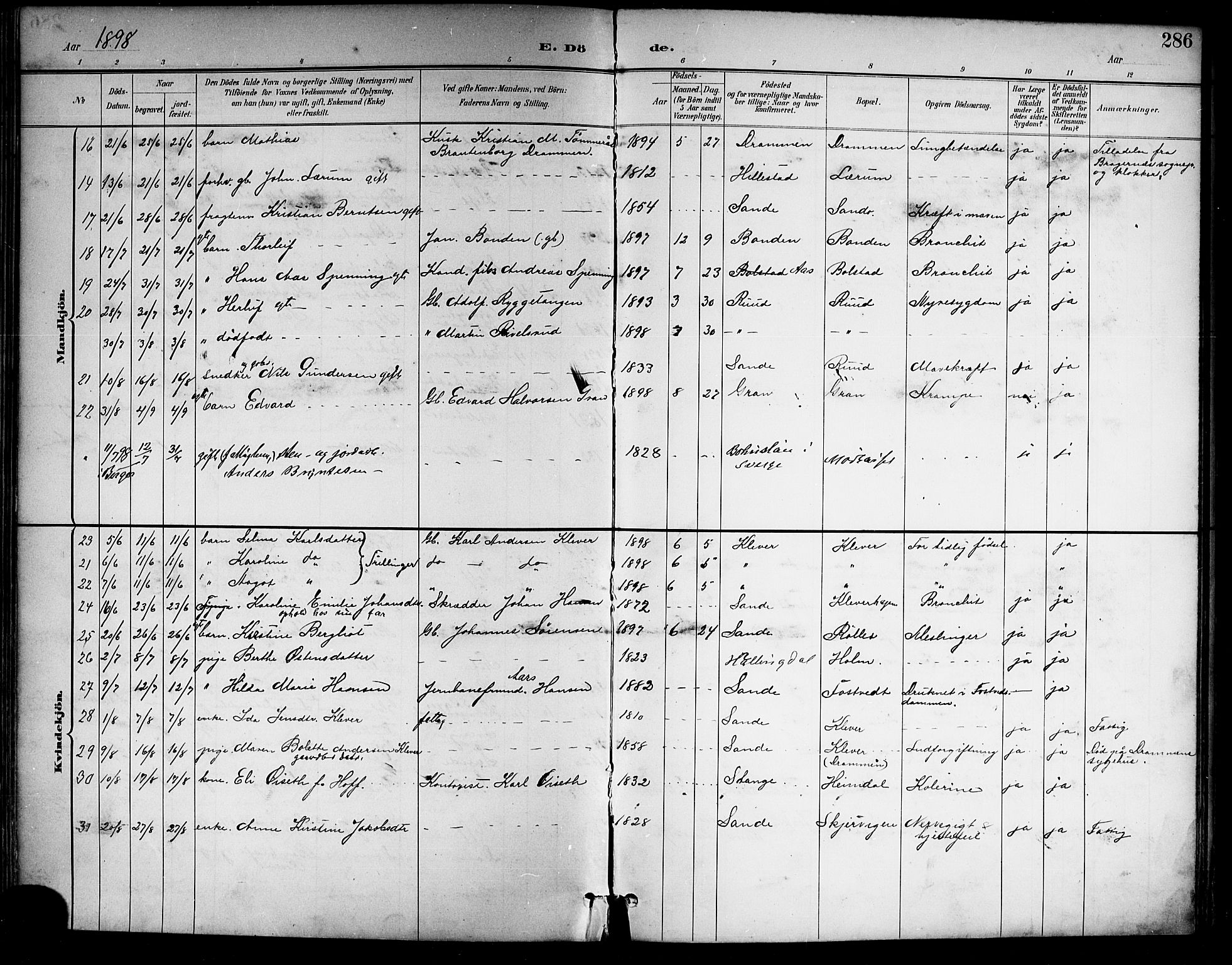 Sande Kirkebøker, SAKO/A-53/G/Ga/L0004: Parish register (copy) no. 4, 1895-1918, p. 286