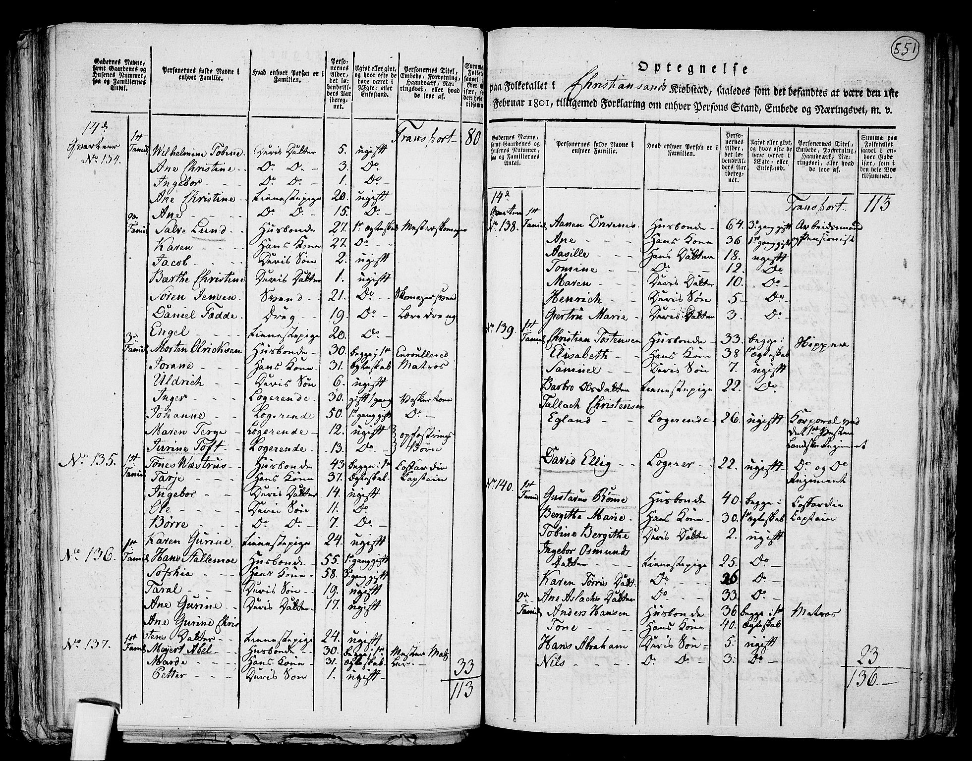 RA, 1801 census for 1001P Kristiansand, 1801, p. 550b-551a