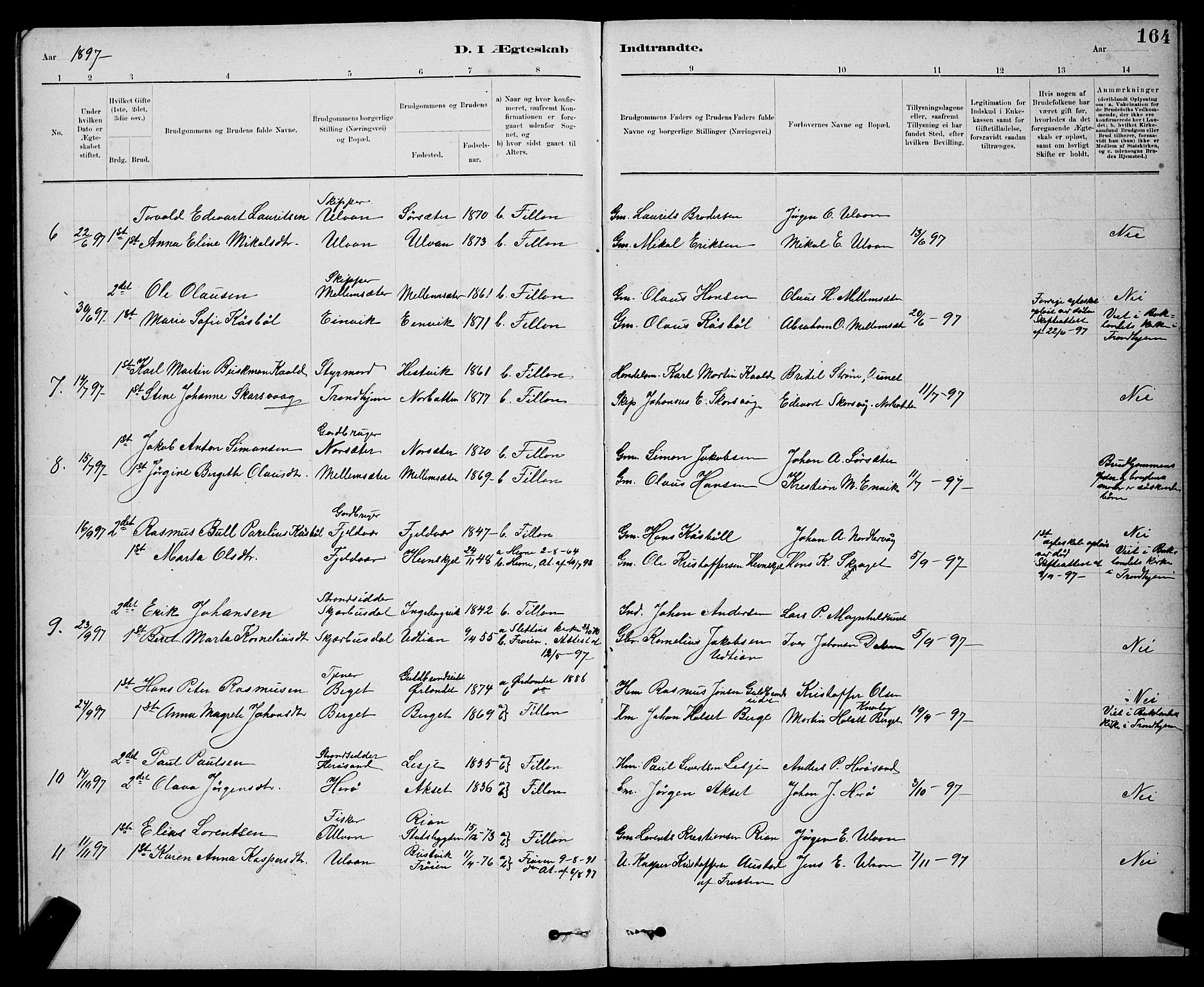 Ministerialprotokoller, klokkerbøker og fødselsregistre - Sør-Trøndelag, SAT/A-1456/637/L0562: Parish register (copy) no. 637C03, 1883-1898, p. 164