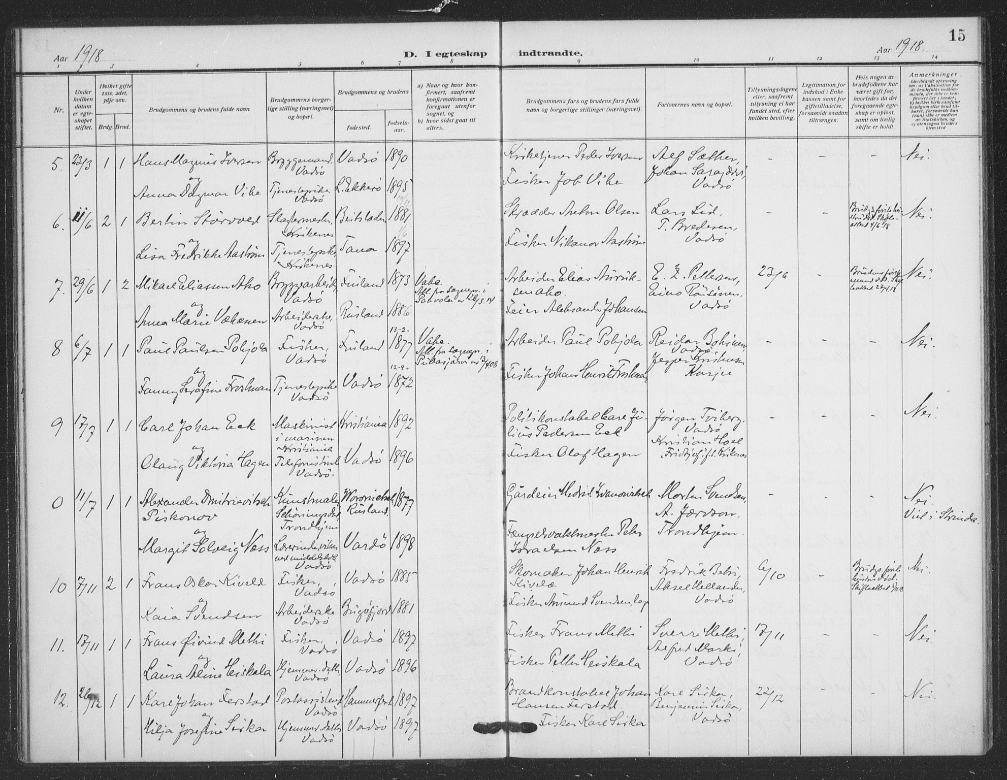 Vadsø sokneprestkontor, SATØ/S-1325/H/Ha/L0008kirke: Parish register (official) no. 8, 1912-1930, p. 15