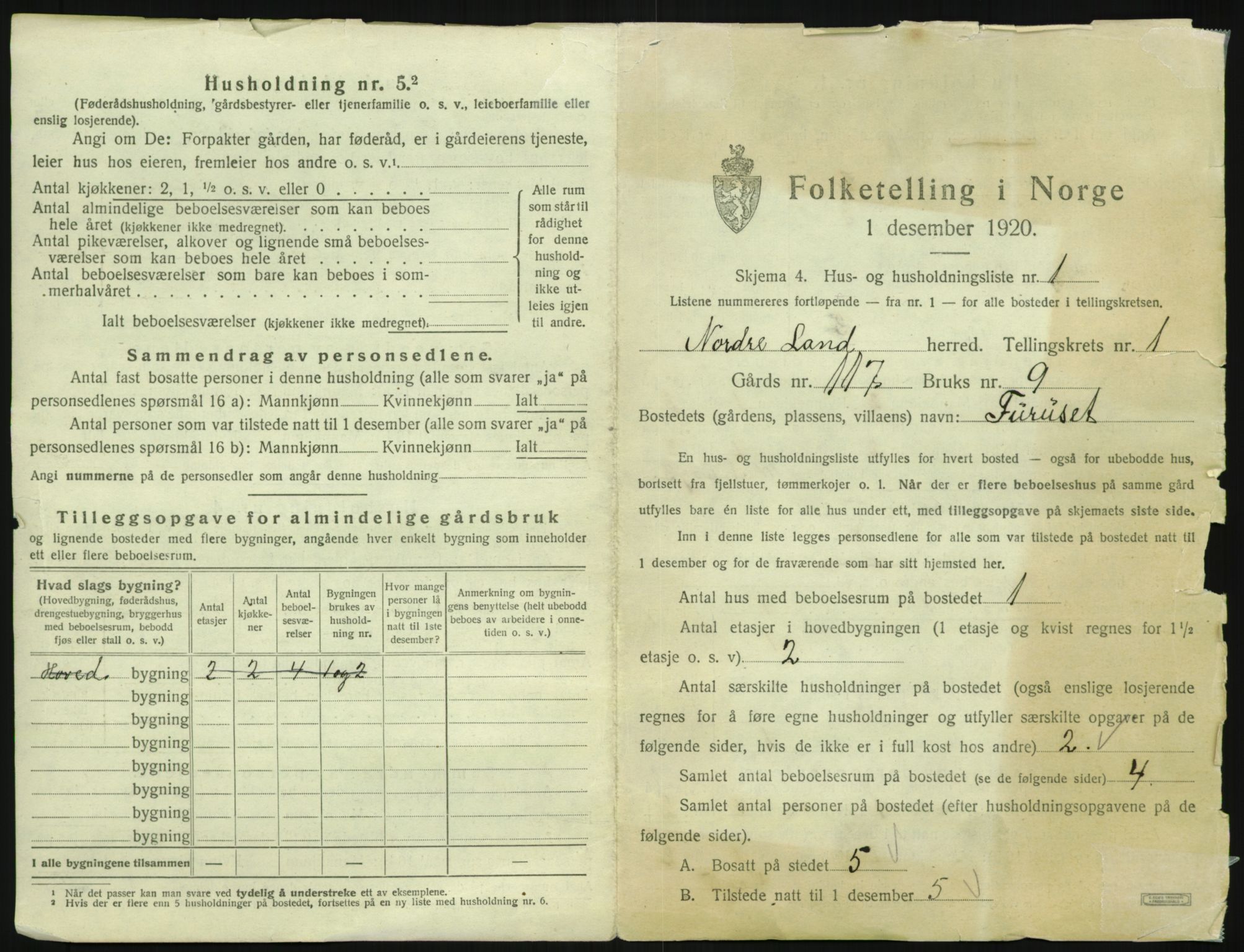 SAH, 1920 census for Nordre Land, 1920, p. 54