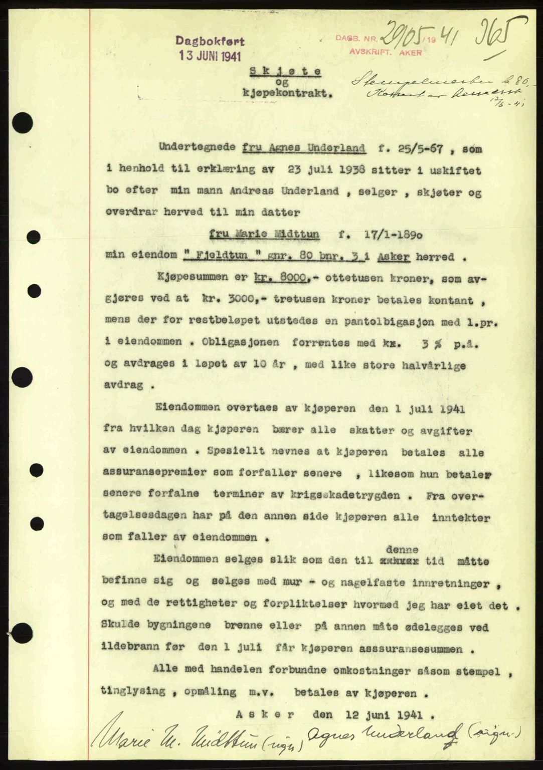 Aker herredsskriveri, AV/SAO-A-10896/G/Gb/Gbb/Gbbb/L0019: Mortgage book no. A65, 1941-1941, Diary no: : 2905/1941