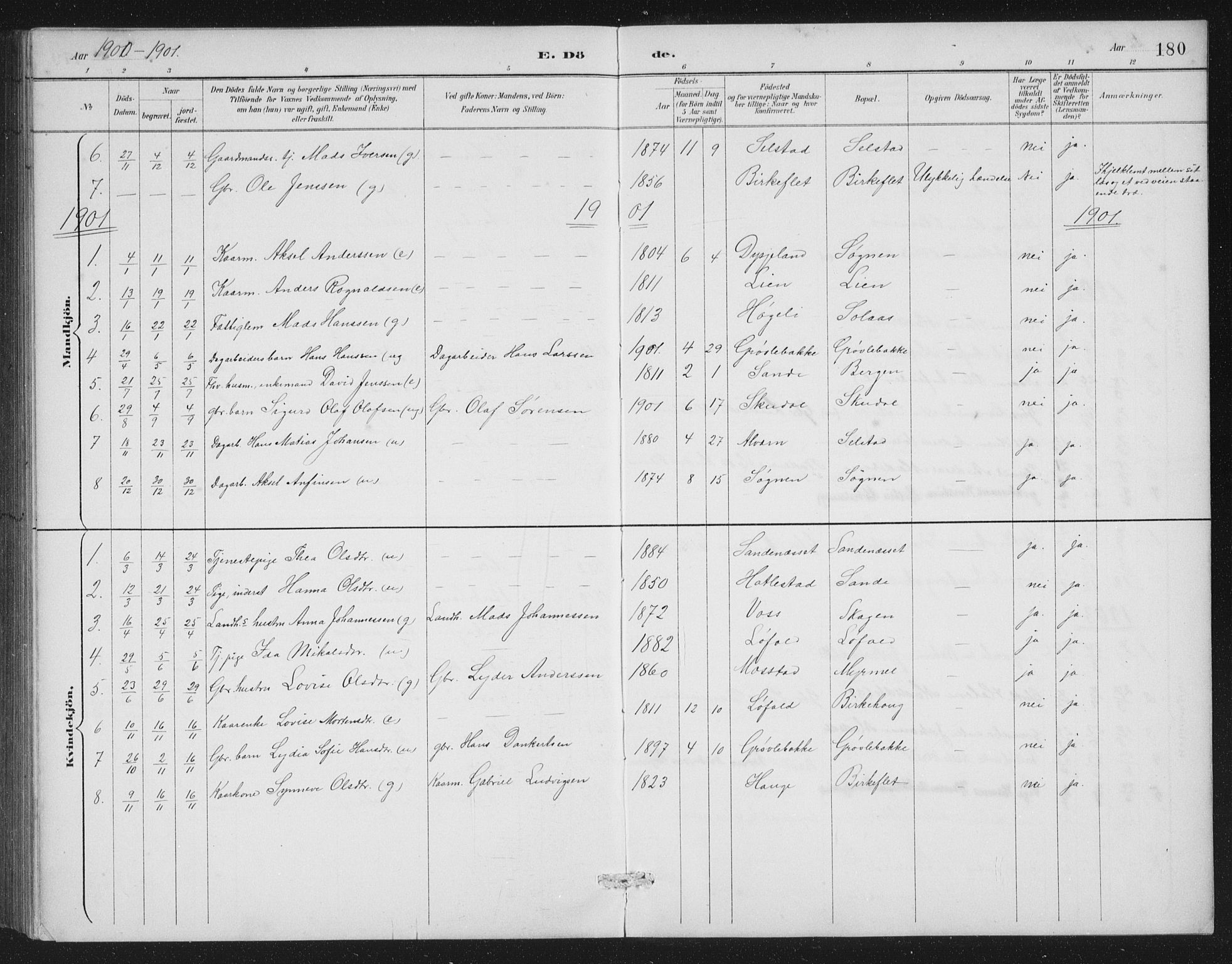 Gaular sokneprestembete, SAB/A-80001/H/Hab: Parish register (copy) no. A 4, 1889-1912, p. 180