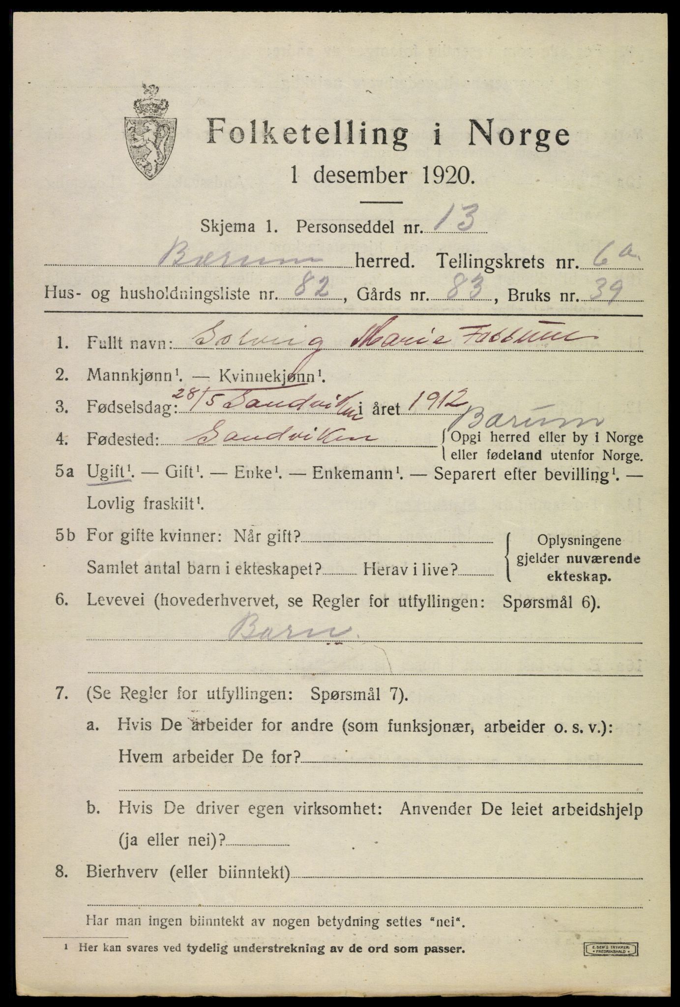 SAO, 1920 census for Bærum, 1920, p. 13986