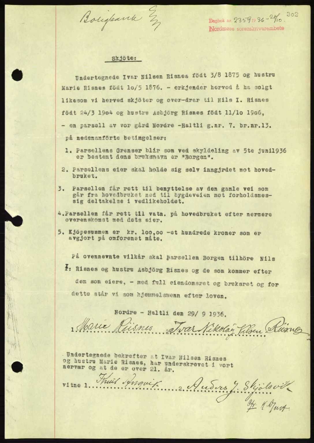 Nordmøre sorenskriveri, AV/SAT-A-4132/1/2/2Ca: Mortgage book no. A80, 1936-1937, Diary no: : 2359/1936