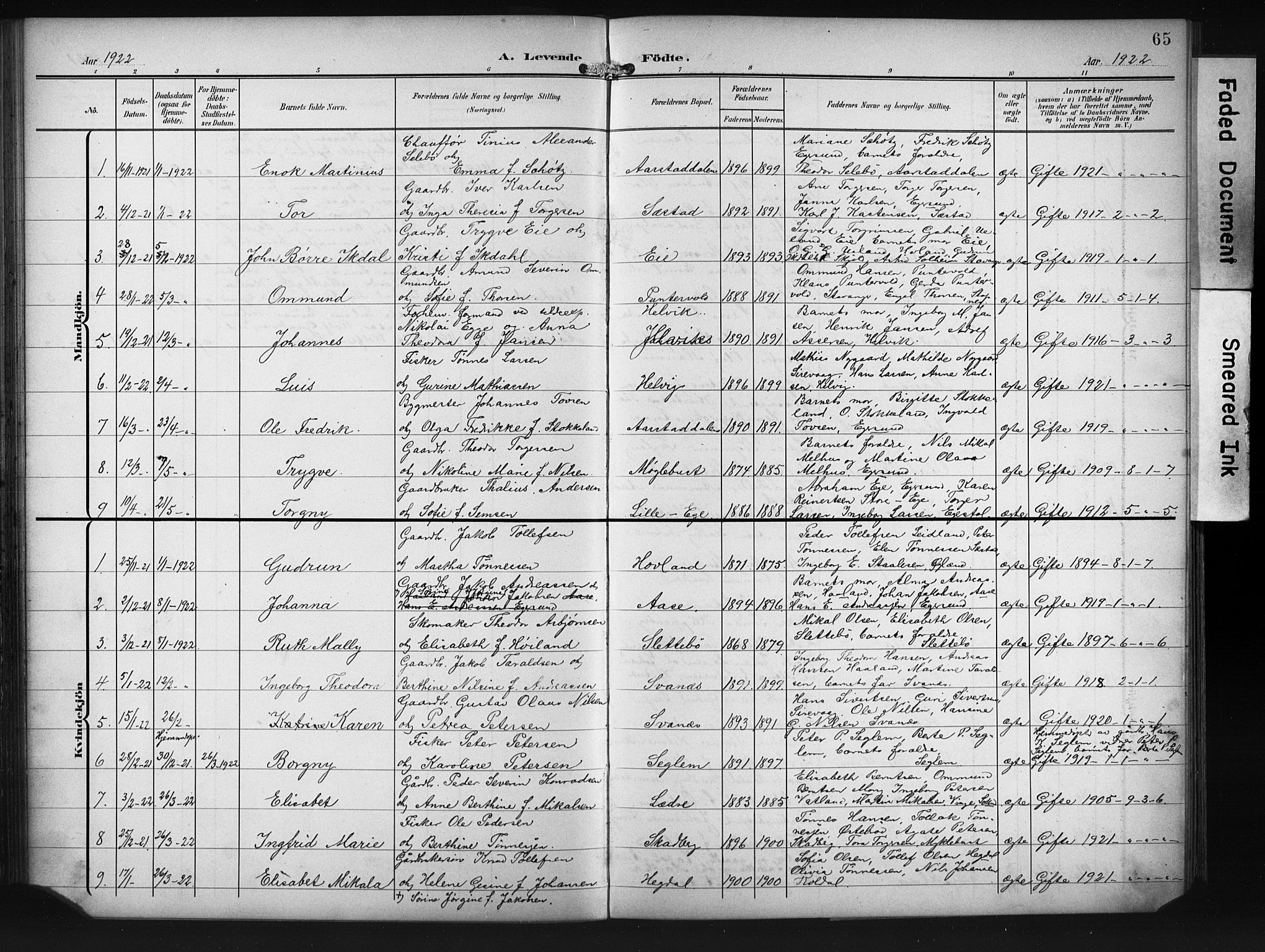 Eigersund sokneprestkontor, SAST/A-101807/S09/L0011: Parish register (copy) no. B 11, 1908-1930, p. 65