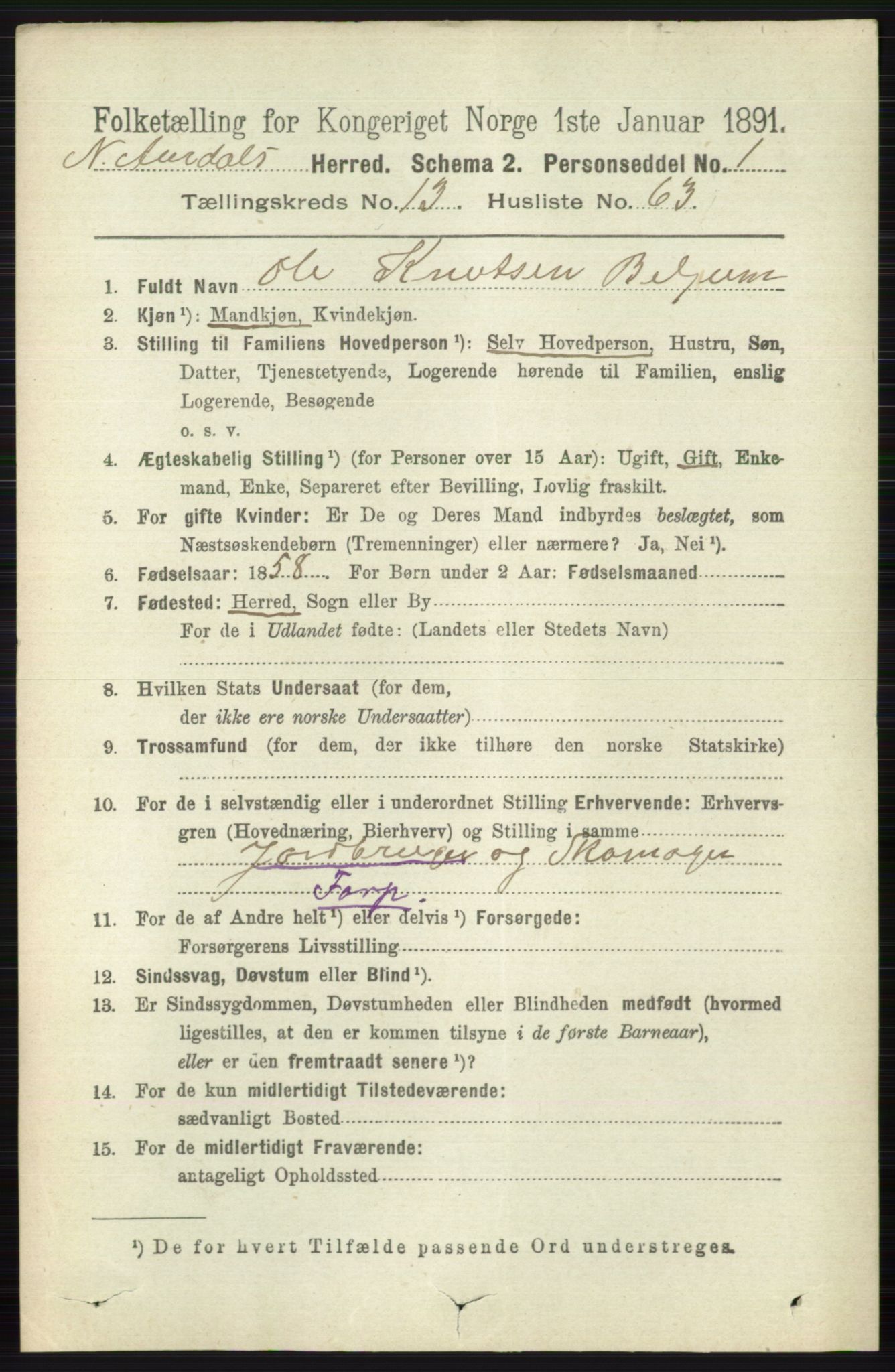 RA, 1891 census for 0542 Nord-Aurdal, 1891, p. 5129