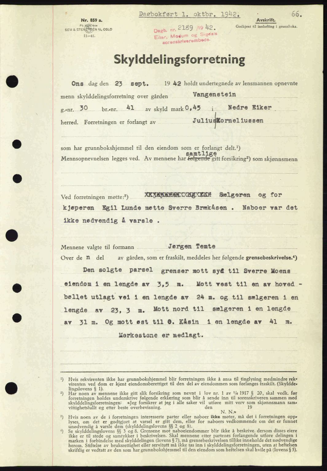 Eiker, Modum og Sigdal sorenskriveri, SAKO/A-123/G/Ga/Gab/L0047: Mortgage book no. A17, 1942-1943, Diary no: : 2189/1942