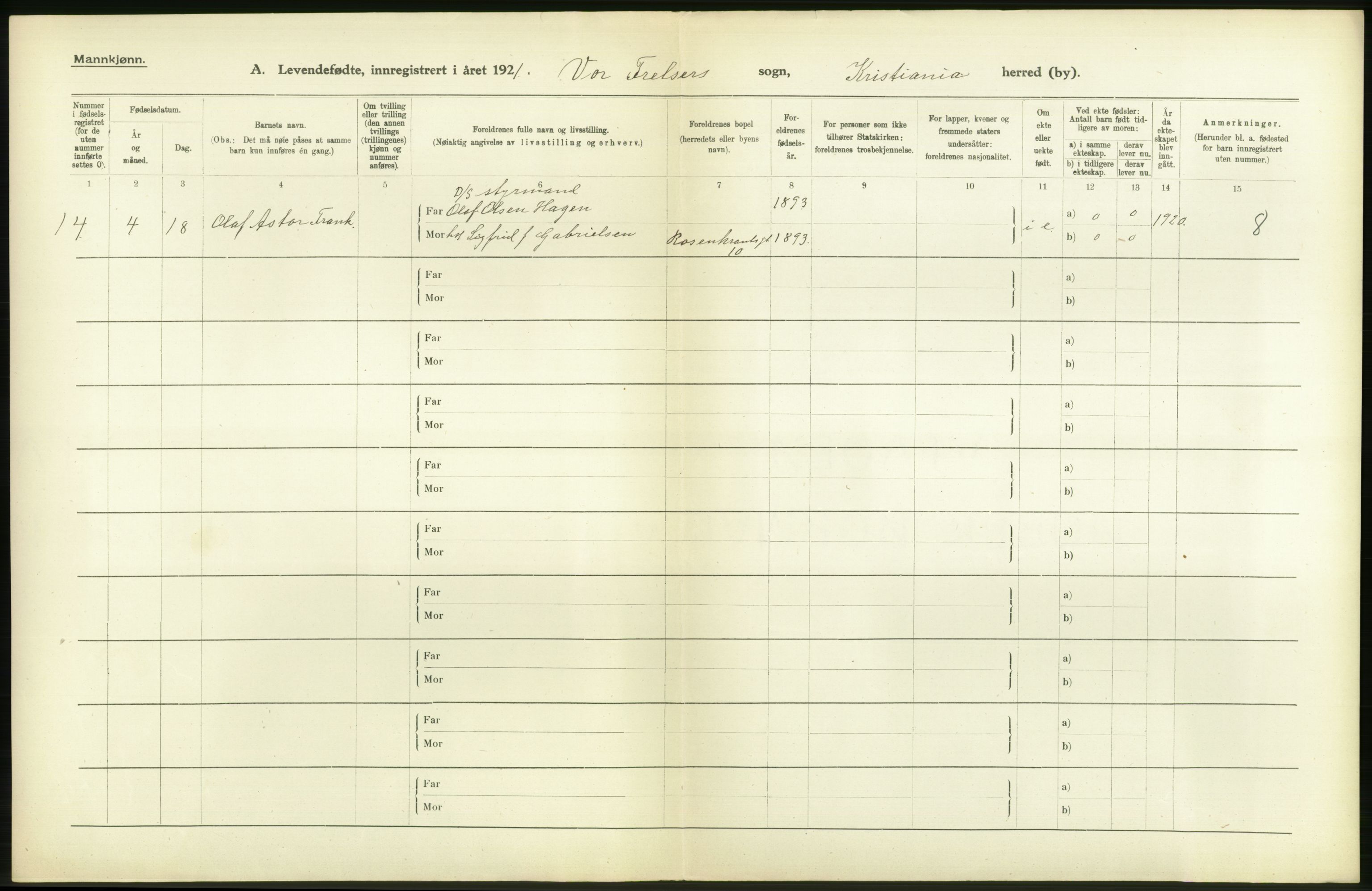 Statistisk sentralbyrå, Sosiodemografiske emner, Befolkning, RA/S-2228/D/Df/Dfc/Dfca/L0009: Kristiania: Levendefødte menn og kvinner., 1921, p. 392