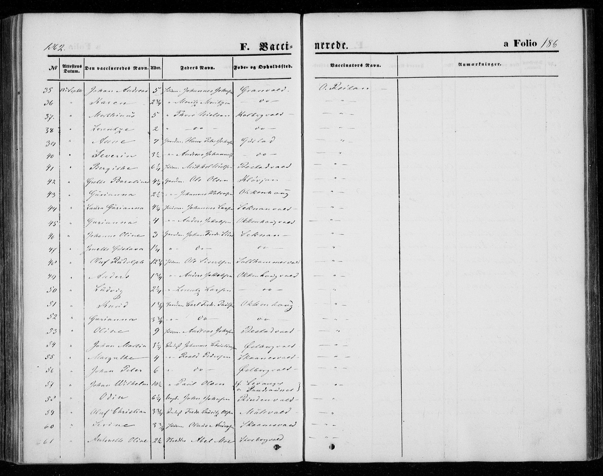 Ministerialprotokoller, klokkerbøker og fødselsregistre - Nord-Trøndelag, AV/SAT-A-1458/720/L0184: Parish register (official) no. 720A02 /1, 1855-1863, p. 186