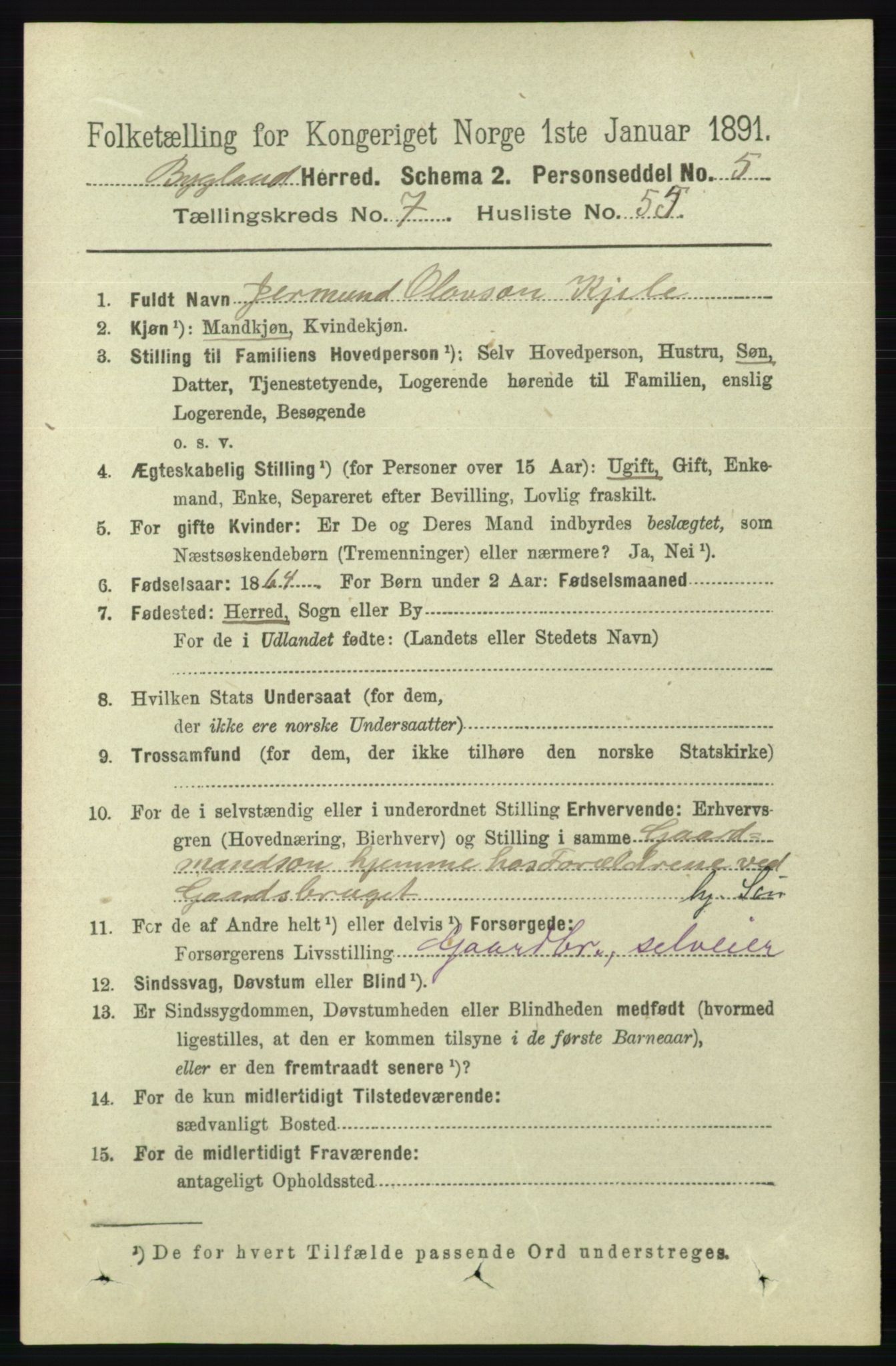 RA, 1891 census for 0938 Bygland, 1891, p. 1861