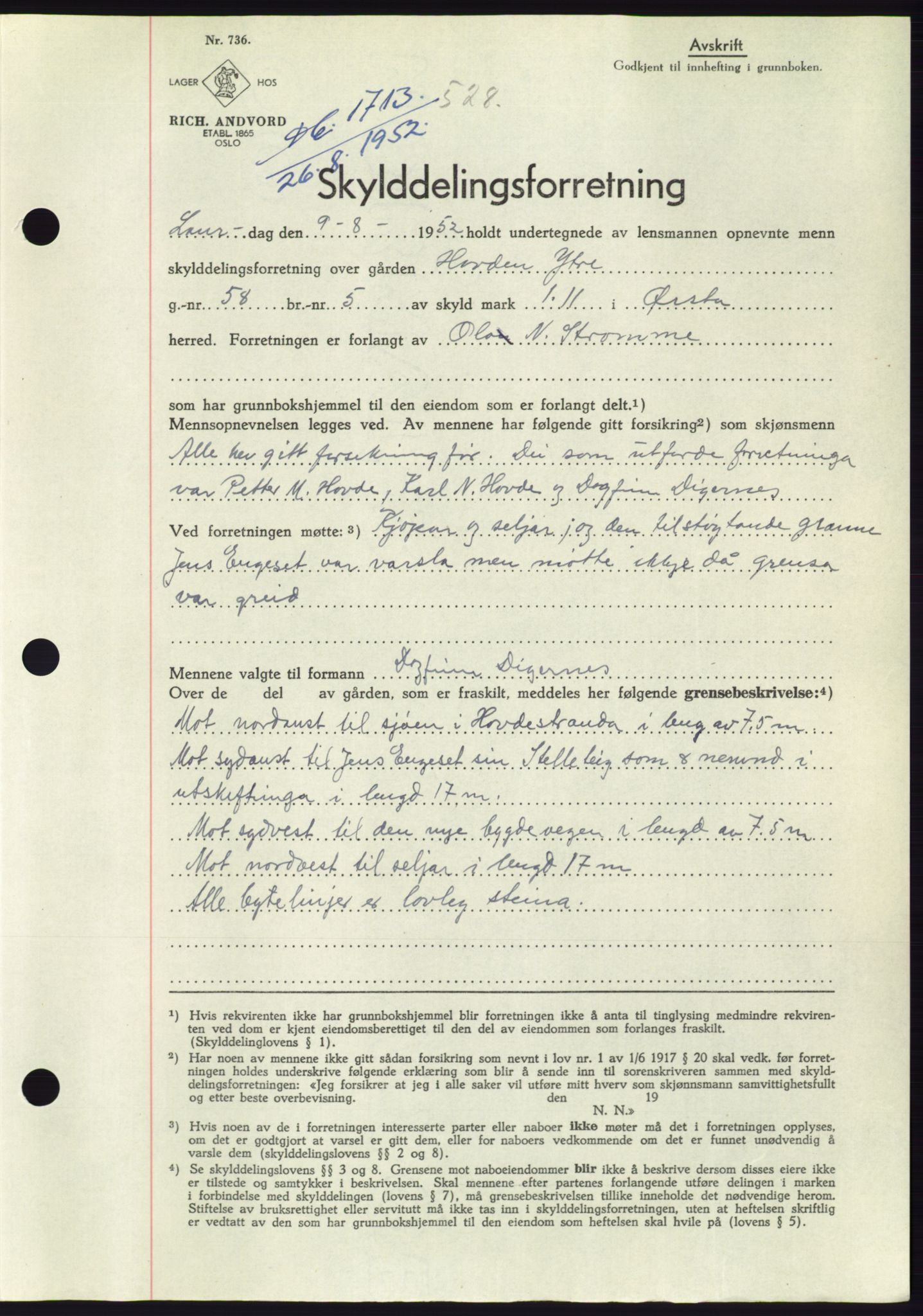 Søre Sunnmøre sorenskriveri, AV/SAT-A-4122/1/2/2C/L0092: Mortgage book no. 18A, 1952-1952, Diary no: : 1713/1952