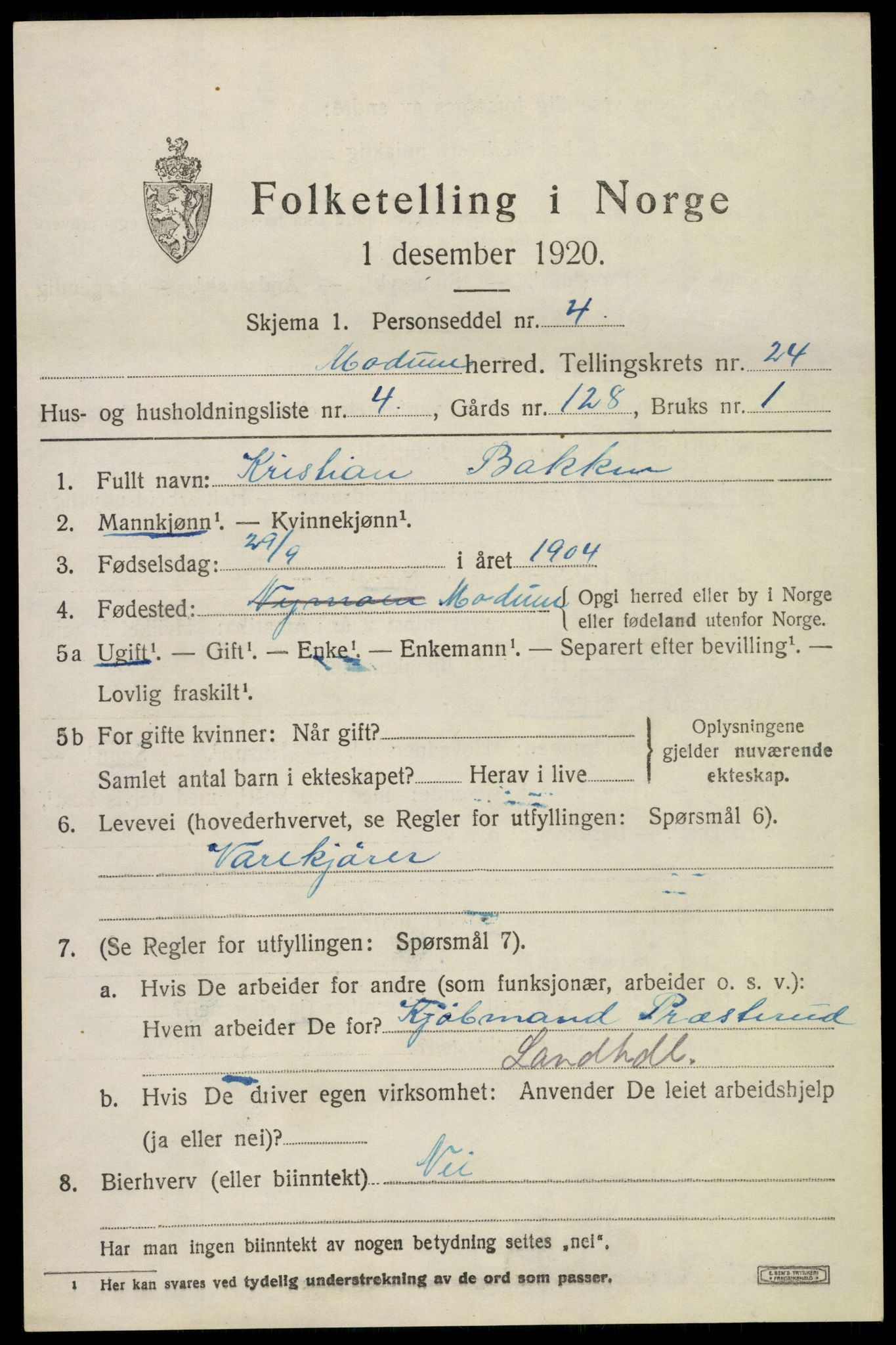 SAKO, 1920 census for Modum, 1920, p. 24319