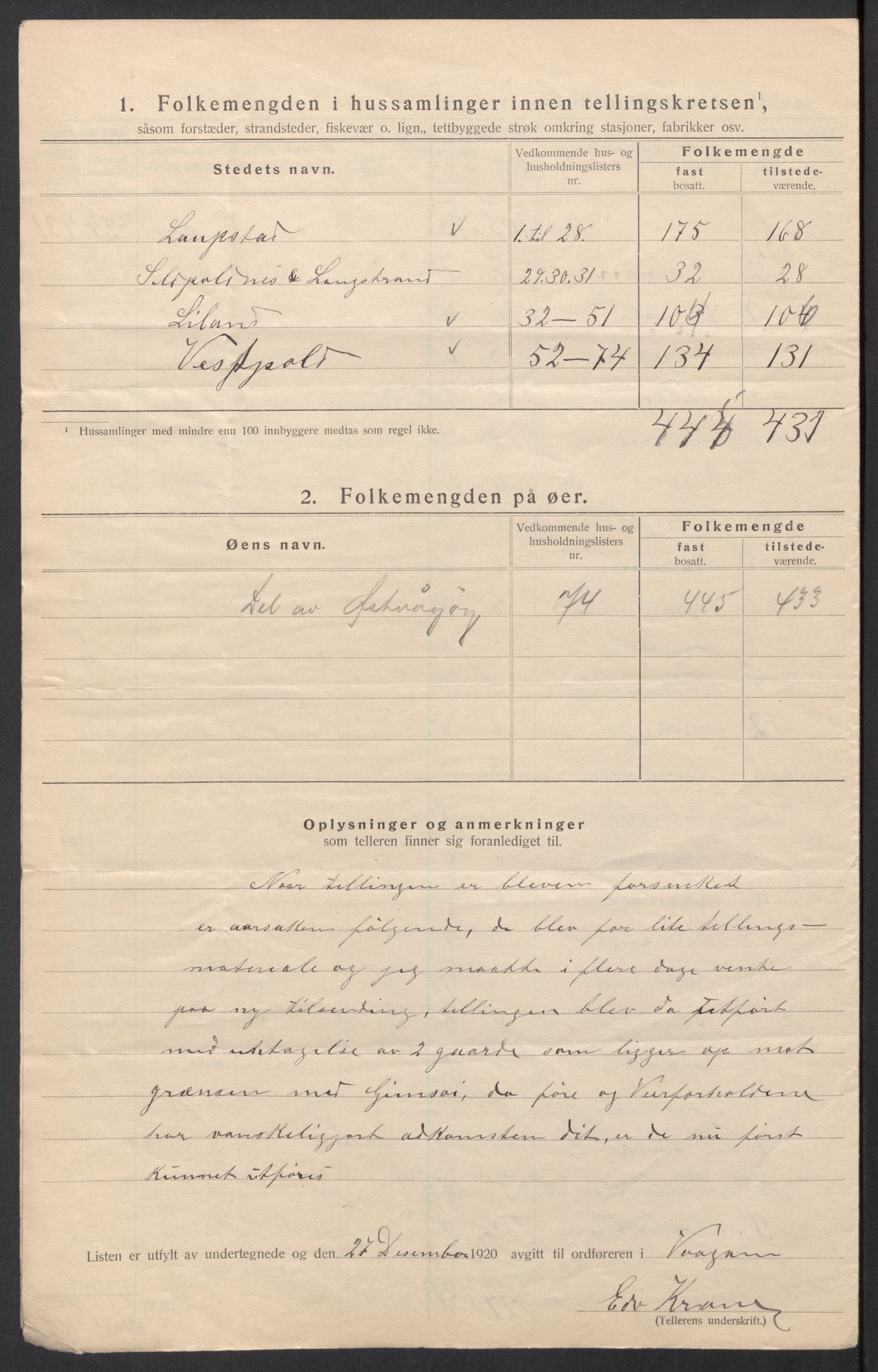 SAT, 1920 census for Vågan, 1920, p. 27