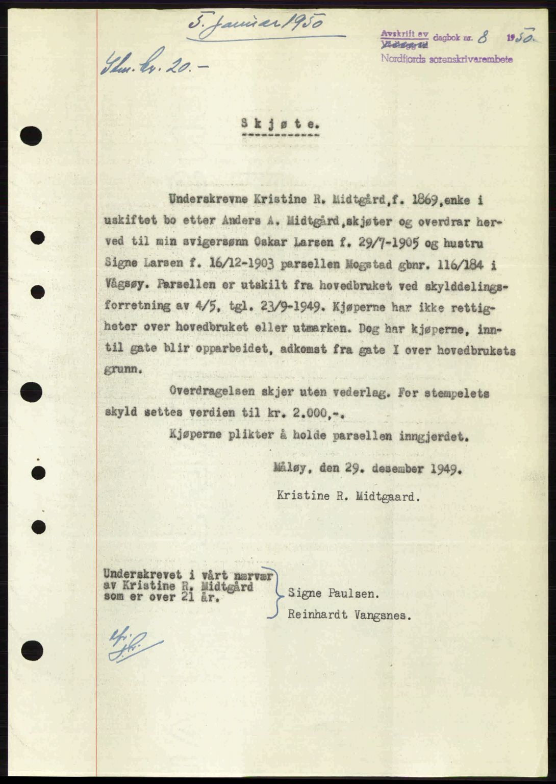 Nordfjord sorenskriveri, SAB/A-2801/02/02b/02bj/L0016a: Mortgage book no. A16 I, 1949-1950, Diary no: : 8/1950