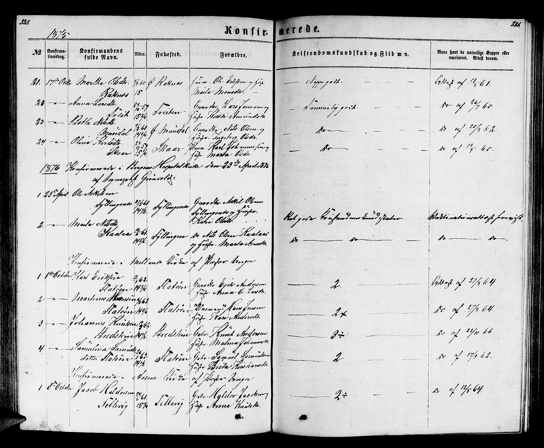 Hamre sokneprestembete, SAB/A-75501/H/Ha/Hab: Parish register (copy) no. B 2, 1863-1880, p. 335-336
