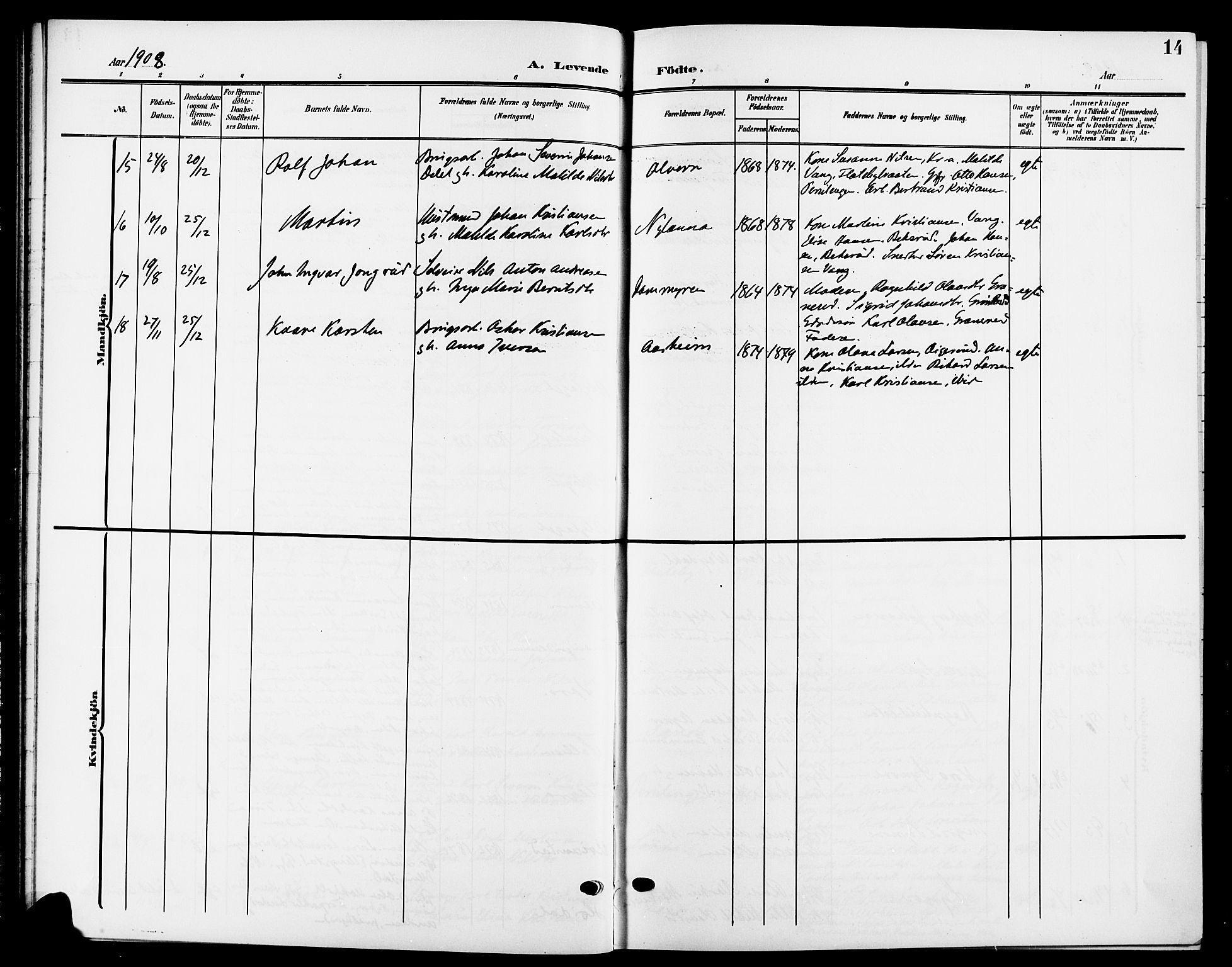 Nesodden prestekontor Kirkebøker, AV/SAO-A-10013/G/Ga/L0002: Parish register (copy) no. I 2, 1905-1924, p. 14