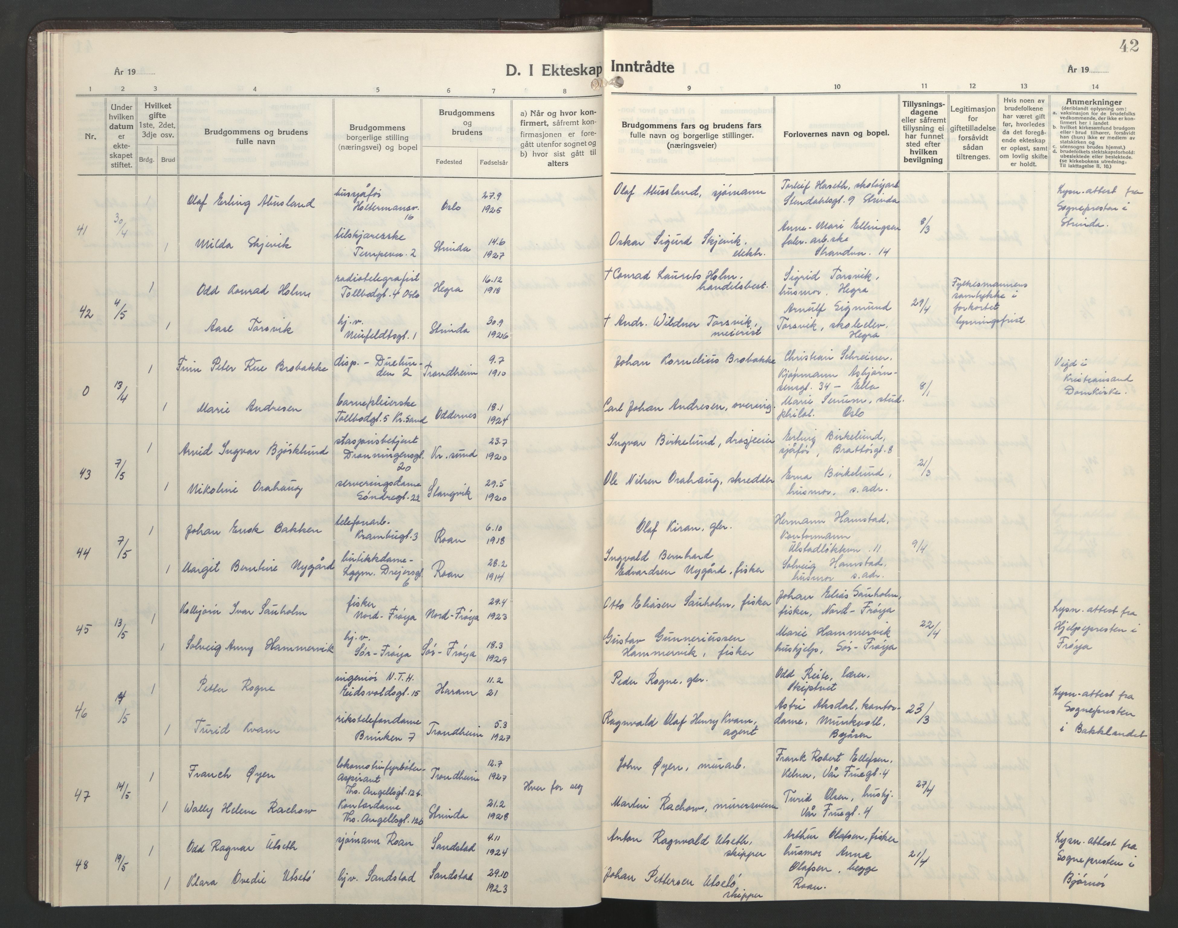 Ministerialprotokoller, klokkerbøker og fødselsregistre - Sør-Trøndelag, AV/SAT-A-1456/602/L0155: Parish register (copy) no. 602C23, 1947-1950, p. 42