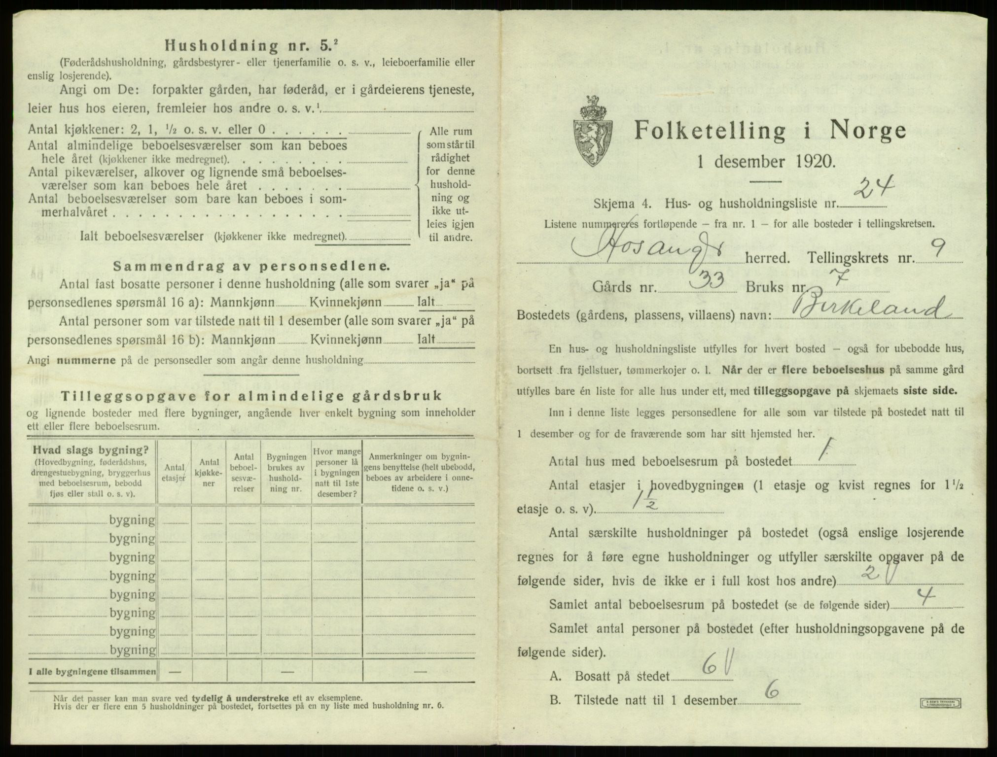 SAB, 1920 census for Hosanger, 1920, p. 535